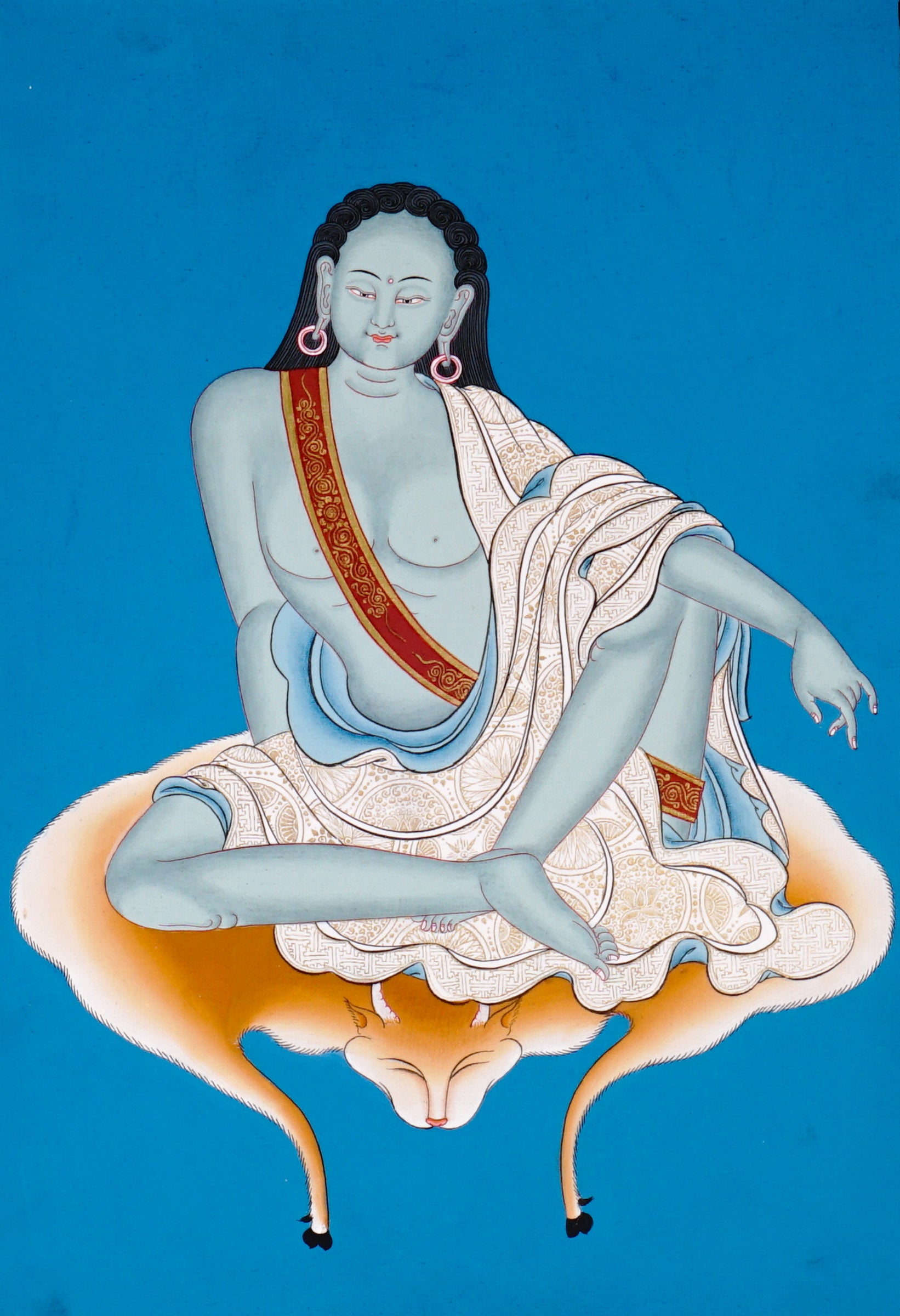 Hand-painted  Milarepa thangka with blue background, deer skin seat, skull cup, and raised listening gesture, traditional Tibetan Buddhist art.