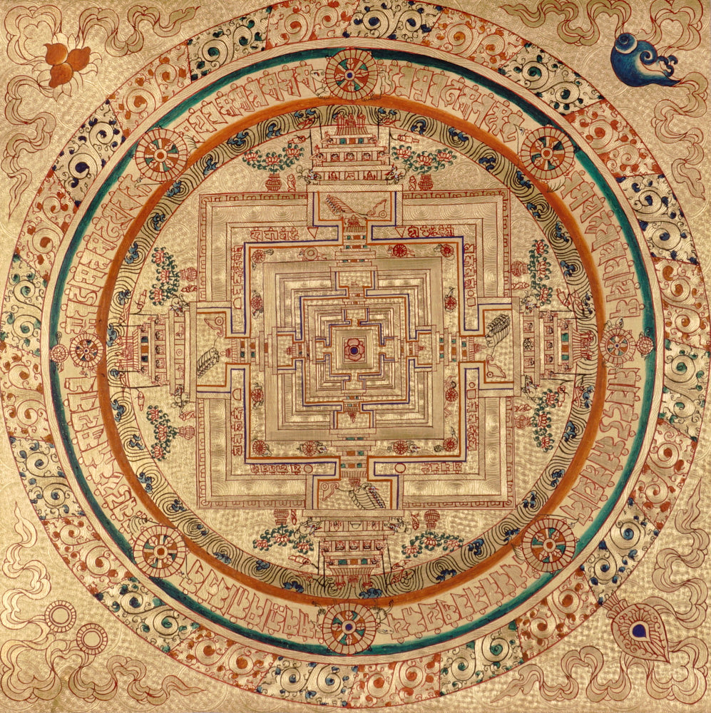 Hand-painted Kalachakra mandala thangka representing the sacred Wheel of Time in Tibetan Buddhism.
