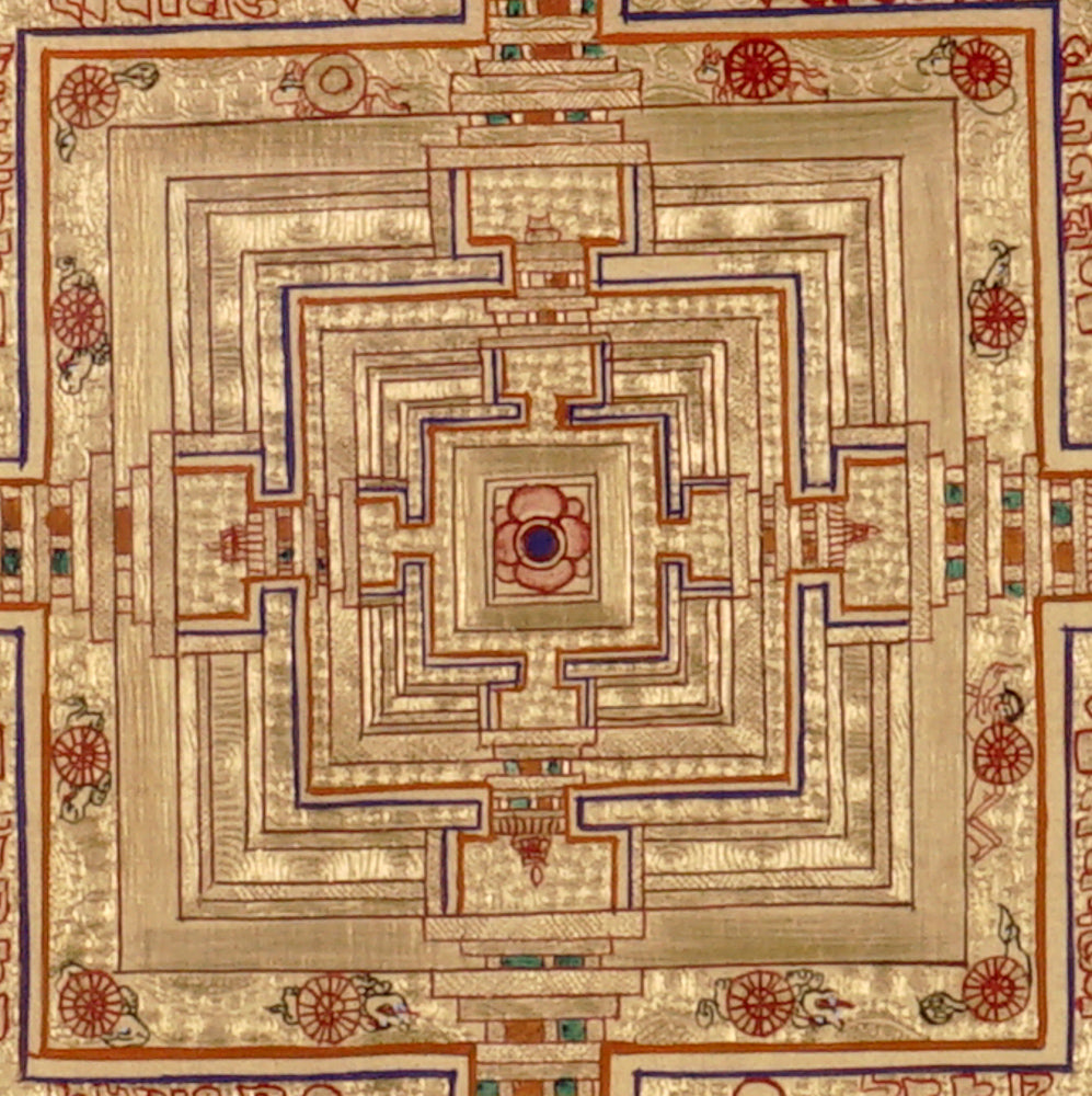 Hand-painted Kalachakra mandala thangka representing the sacred Wheel of Time in Tibetan Buddhism.