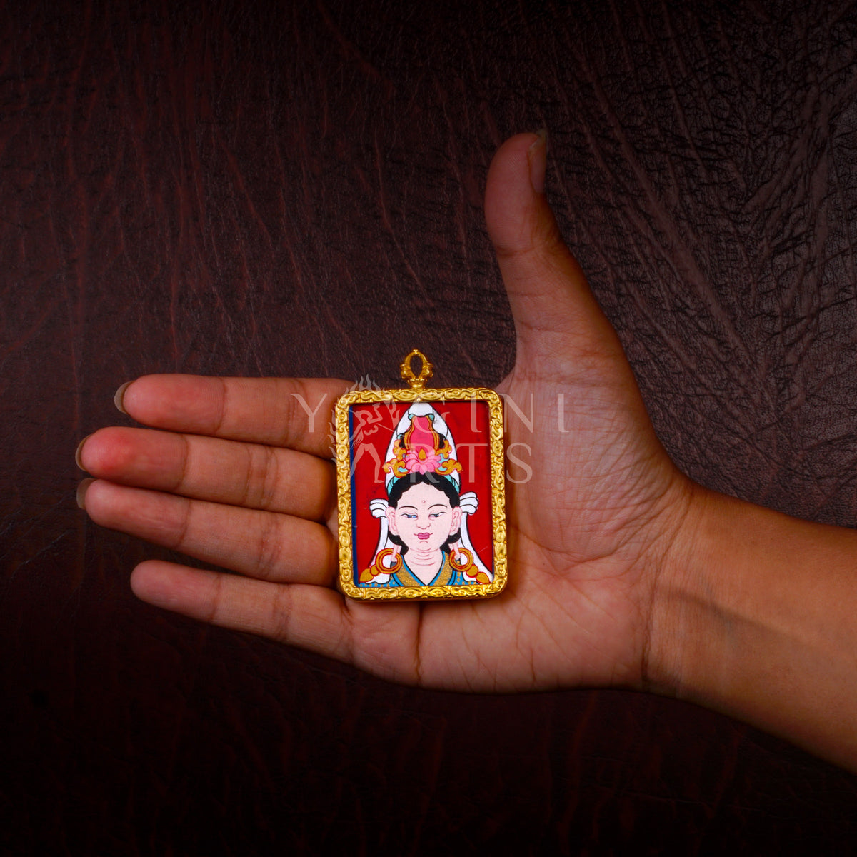 Hand-Painted Chinese Tara / Kuan Yin Thangka Ghau Pendant – Miniature Tibetan Buddhist Protective Amulet
