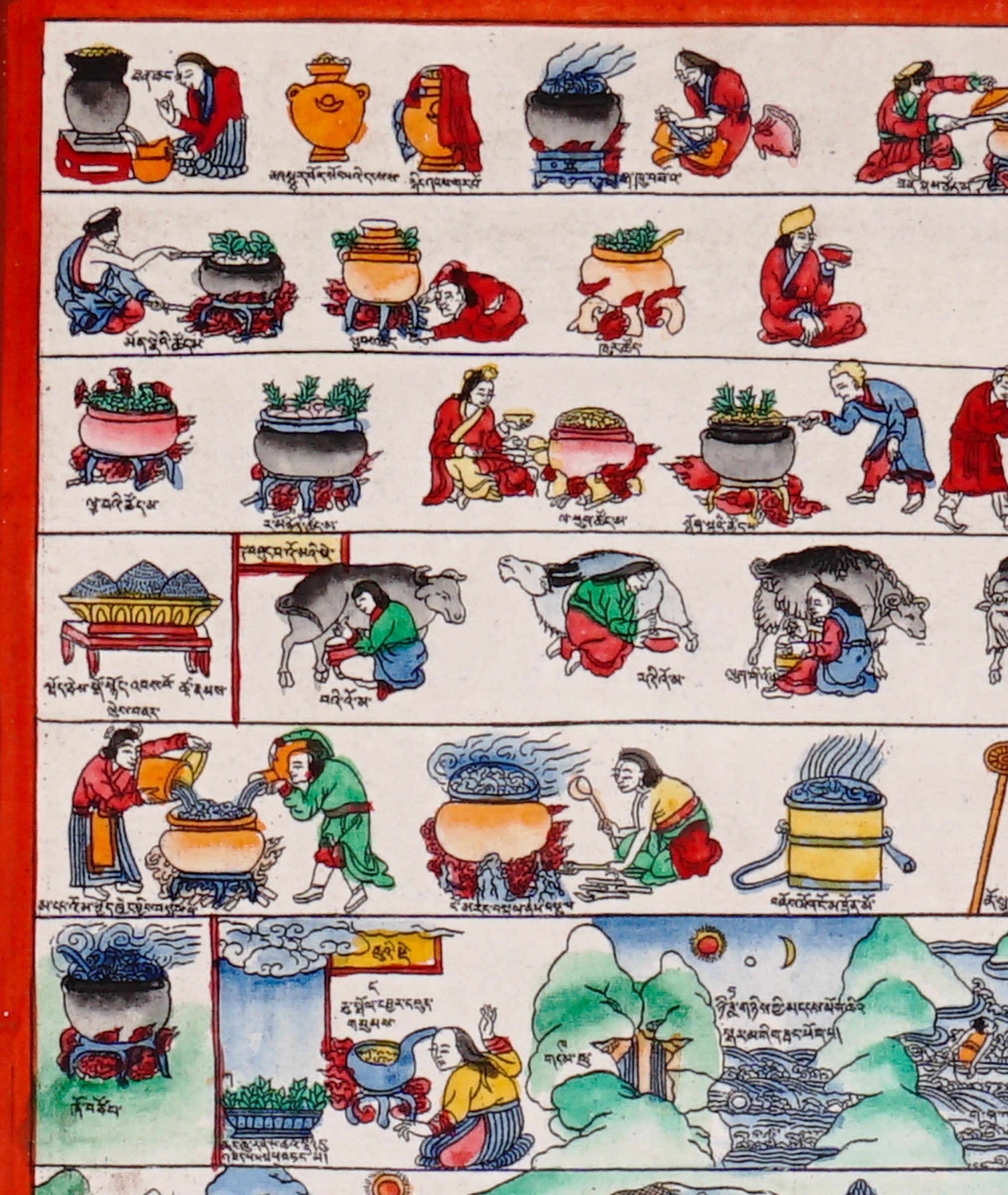 Tibetan medical thangka depicting traditional Sowa Rigpa healing practices, herbal medicine preparation, pharmaceutical processes, physicians, medicinal plants, and educational medical illustrations
