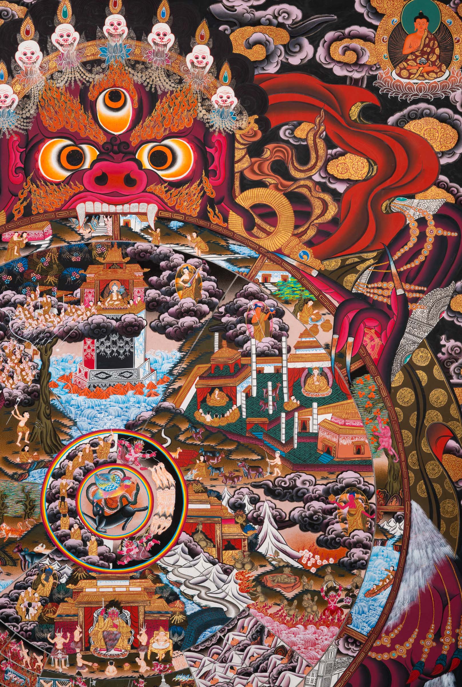 Wheel of Life (Bhavachakra) Thangka painting depicting the Buddhist cycle of existence, held by Yama, illustrating the six realms of rebirth, karma, and impermanence in a traditional Tibetan Buddhist composition.