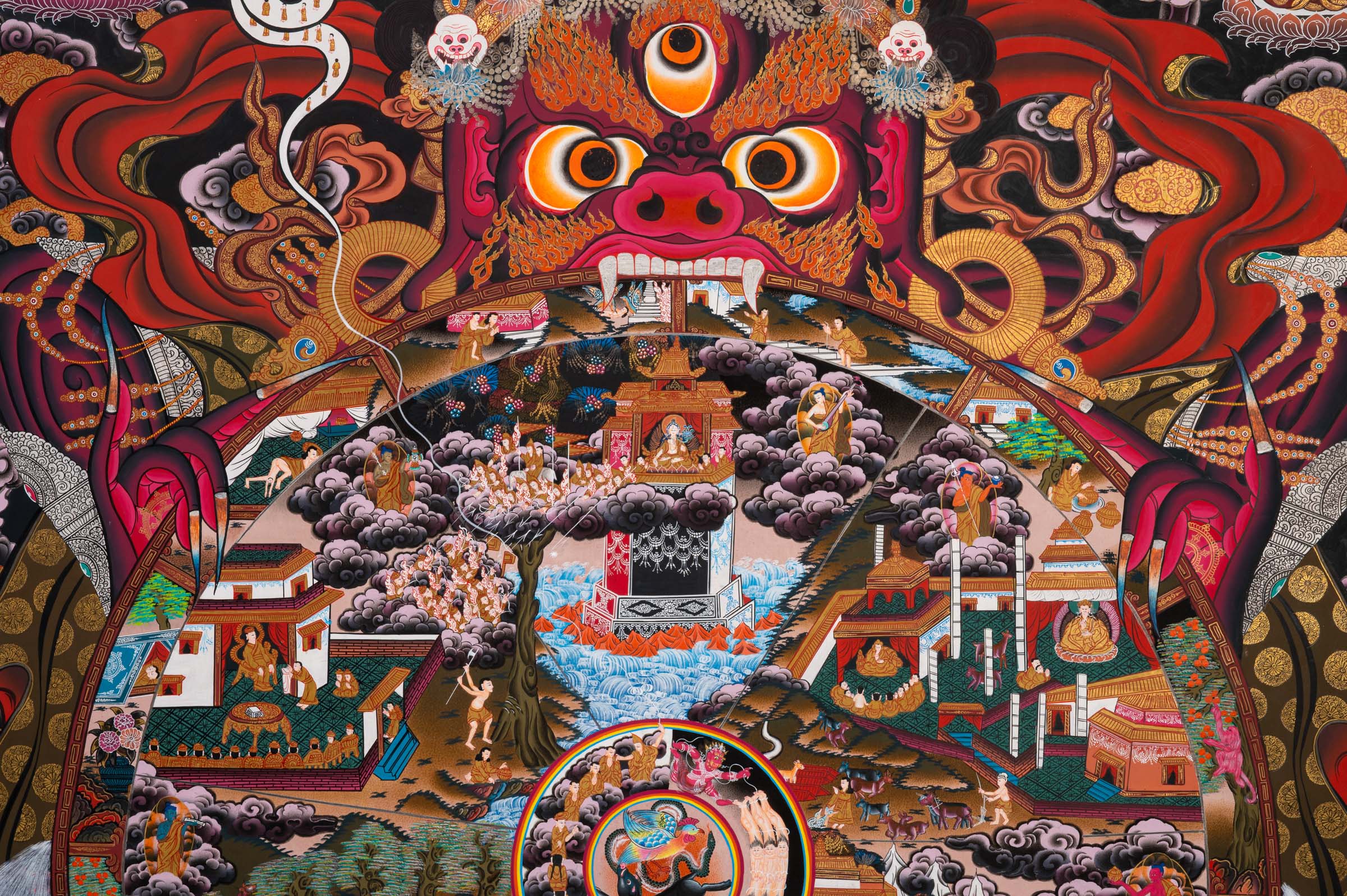 Wheel of Life (Bhavachakra) Thangka painting depicting the Buddhist cycle of existence, held by Yama, illustrating the six realms of rebirth, karma, and impermanence in a traditional Tibetan Buddhist composition.