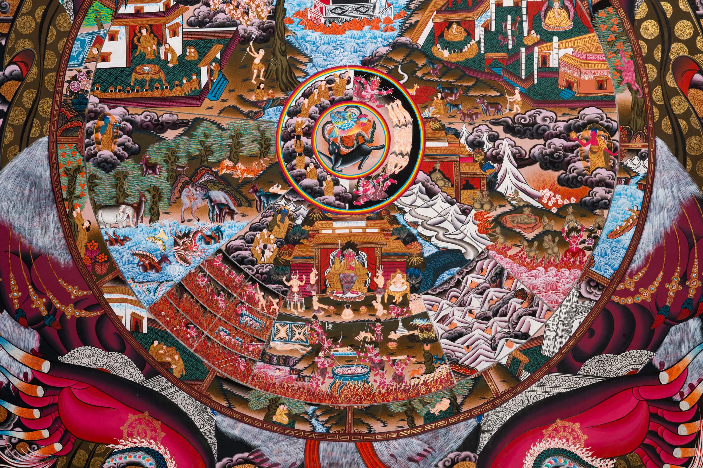 Wheel of Life (Bhavachakra) Thangka painting depicting the Buddhist cycle of existence, held by Yama, illustrating the six realms of rebirth, karma, and impermanence in a traditional Tibetan Buddhist composition.