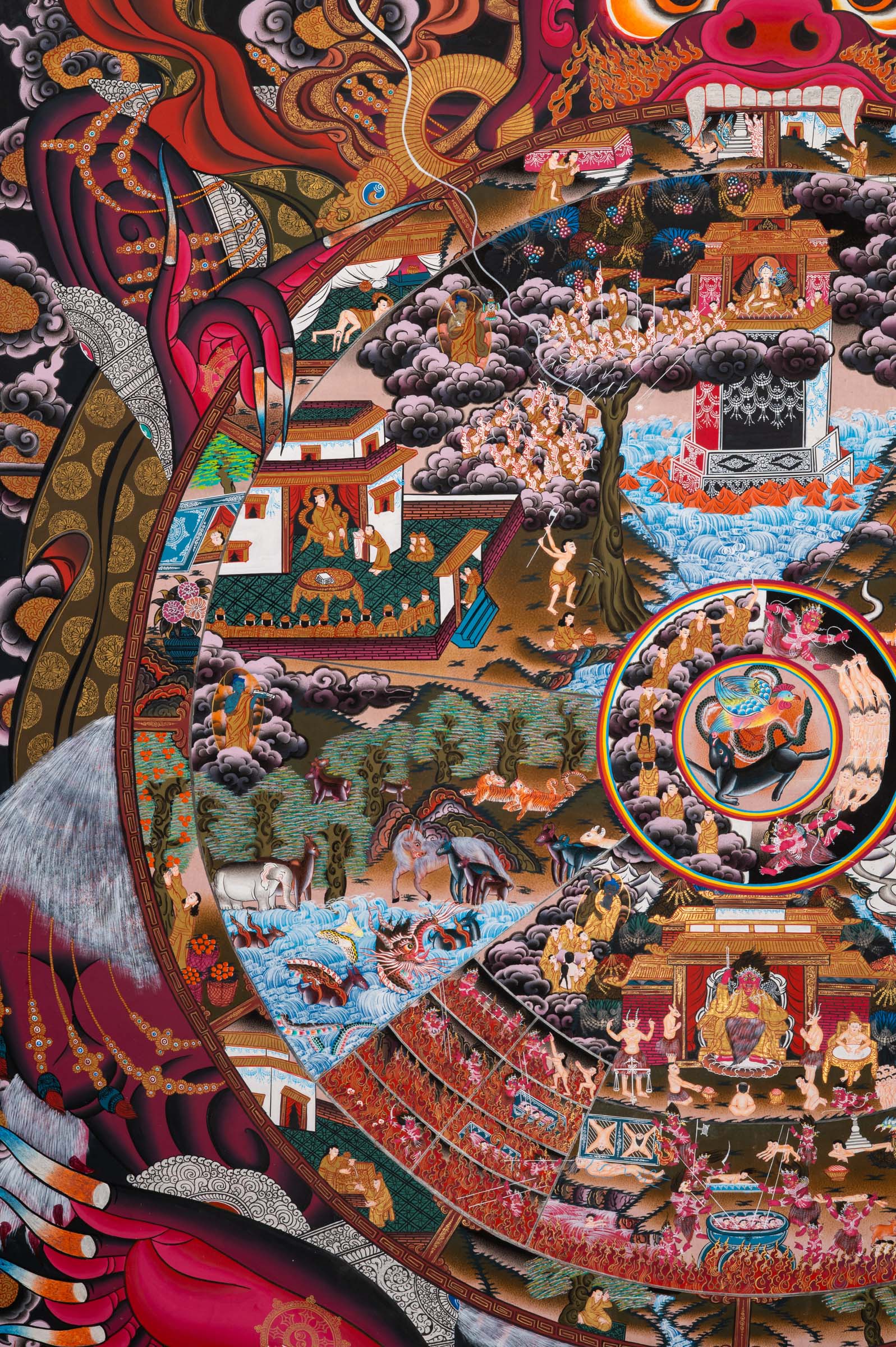 Wheel of Life (Bhavachakra) Thangka painting depicting the Buddhist cycle of existence, held by Yama, illustrating the six realms of rebirth, karma, and impermanence in a traditional Tibetan Buddhist composition.