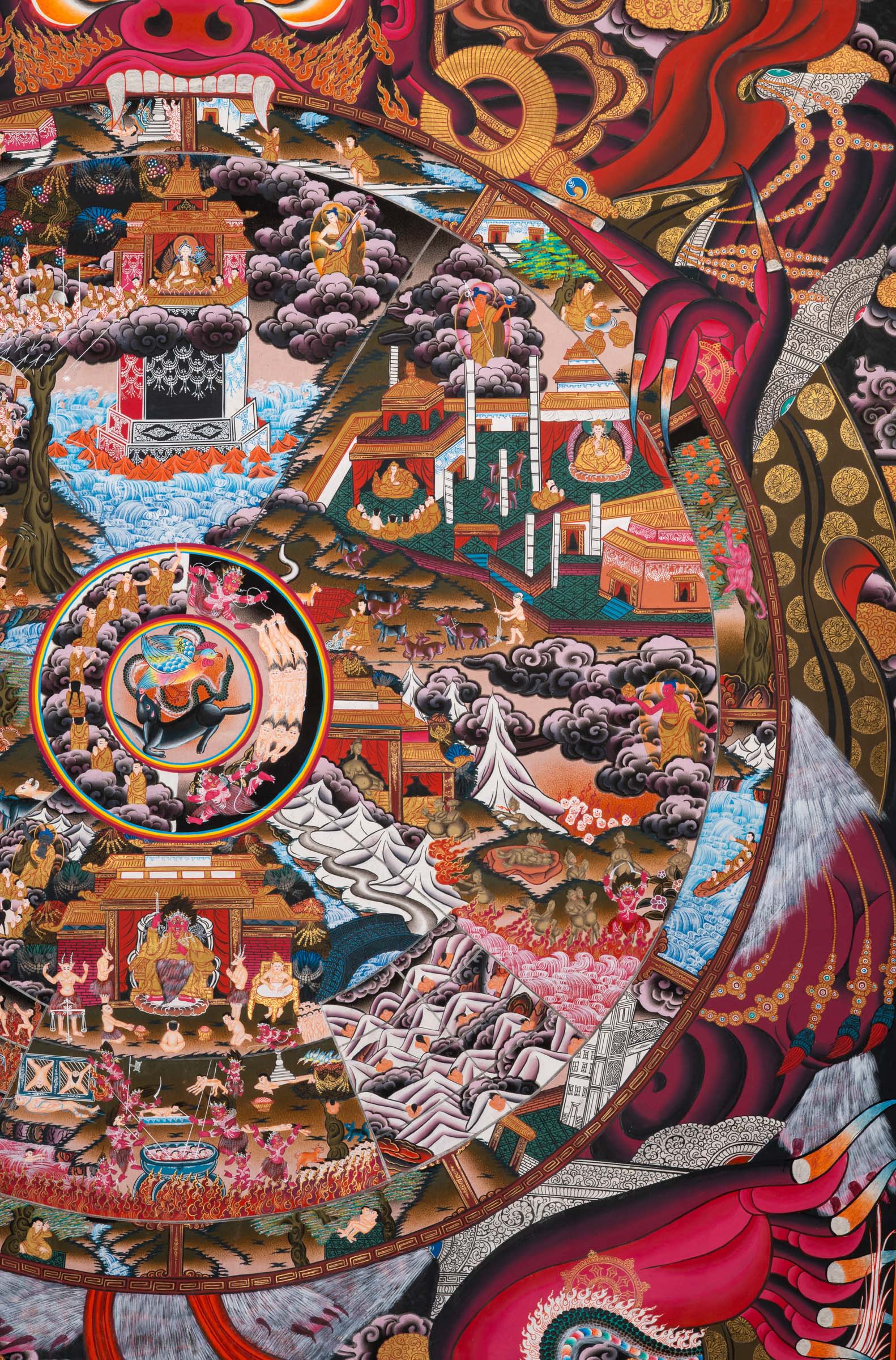 Wheel of Life (Bhavachakra) Thangka painting depicting the Buddhist cycle of existence, held by Yama, illustrating the six realms of rebirth, karma, and impermanence in a traditional Tibetan Buddhist composition.
