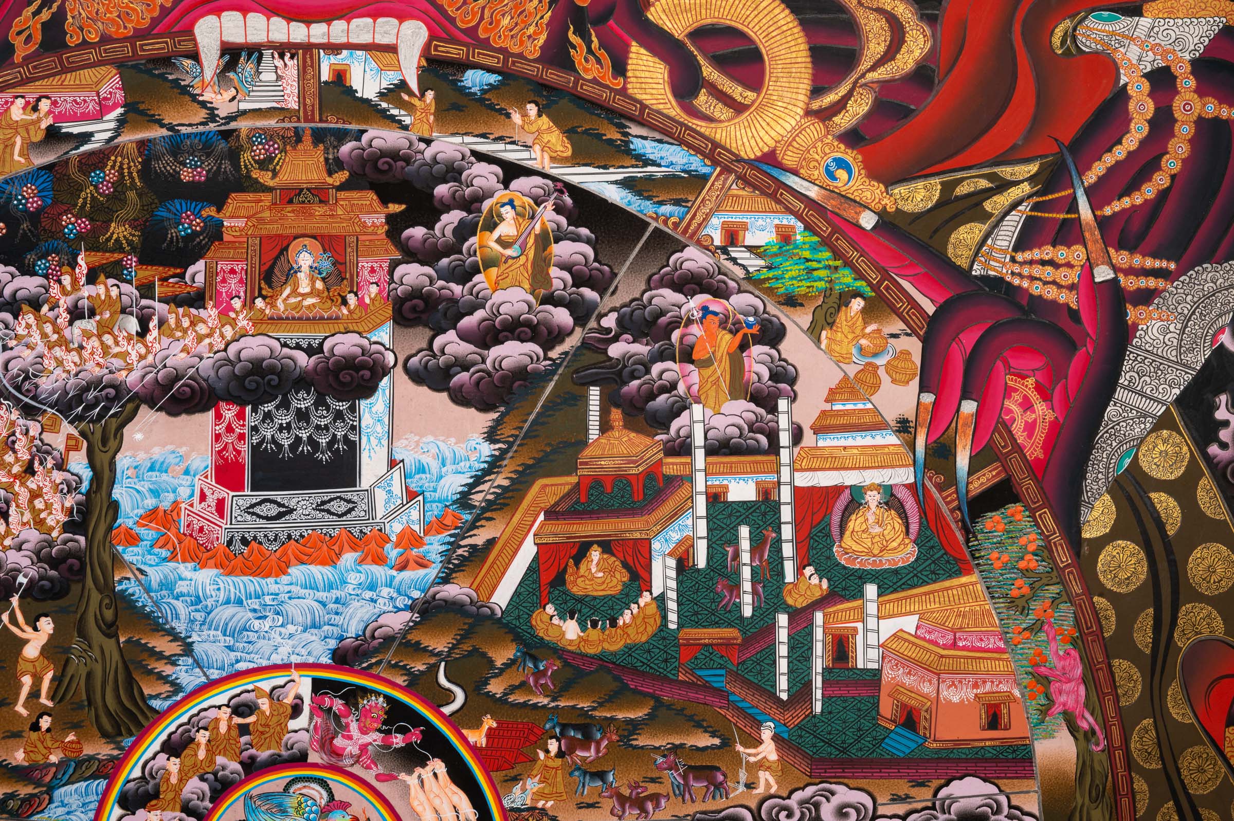 Wheel of Life (Bhavachakra) Thangka painting depicting the Buddhist cycle of existence, held by Yama, illustrating the six realms of rebirth, karma, and impermanence in a traditional Tibetan Buddhist composition.