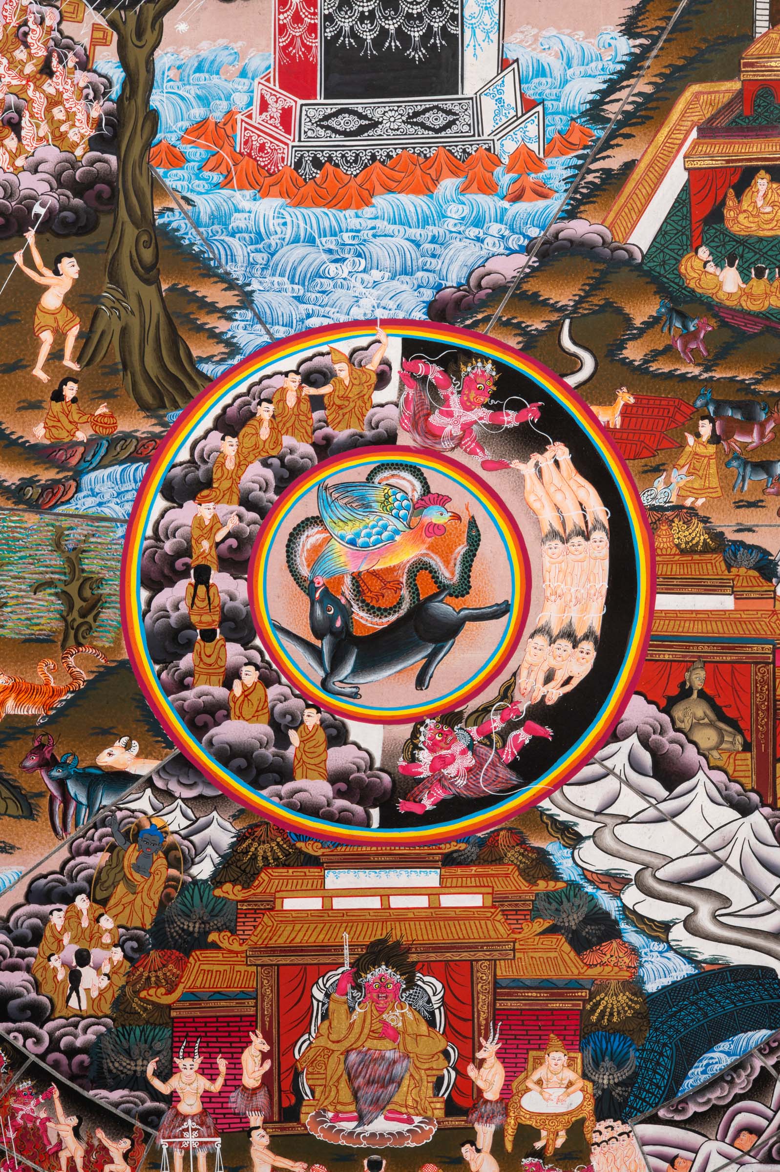 Wheel of Life (Bhavachakra) Thangka painting depicting the Buddhist cycle of existence, held by Yama, illustrating the six realms of rebirth, karma, and impermanence in a traditional Tibetan Buddhist composition.