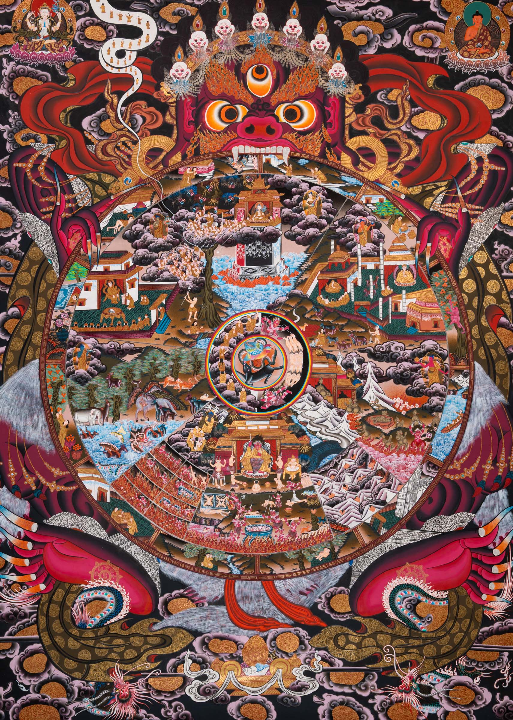 Wheel of Life (Bhavachakra) Thangka painting depicting the Buddhist cycle of existence, held by Yama, illustrating the six realms of rebirth, karma, and impermanence in a traditional Tibetan Buddhist composition.