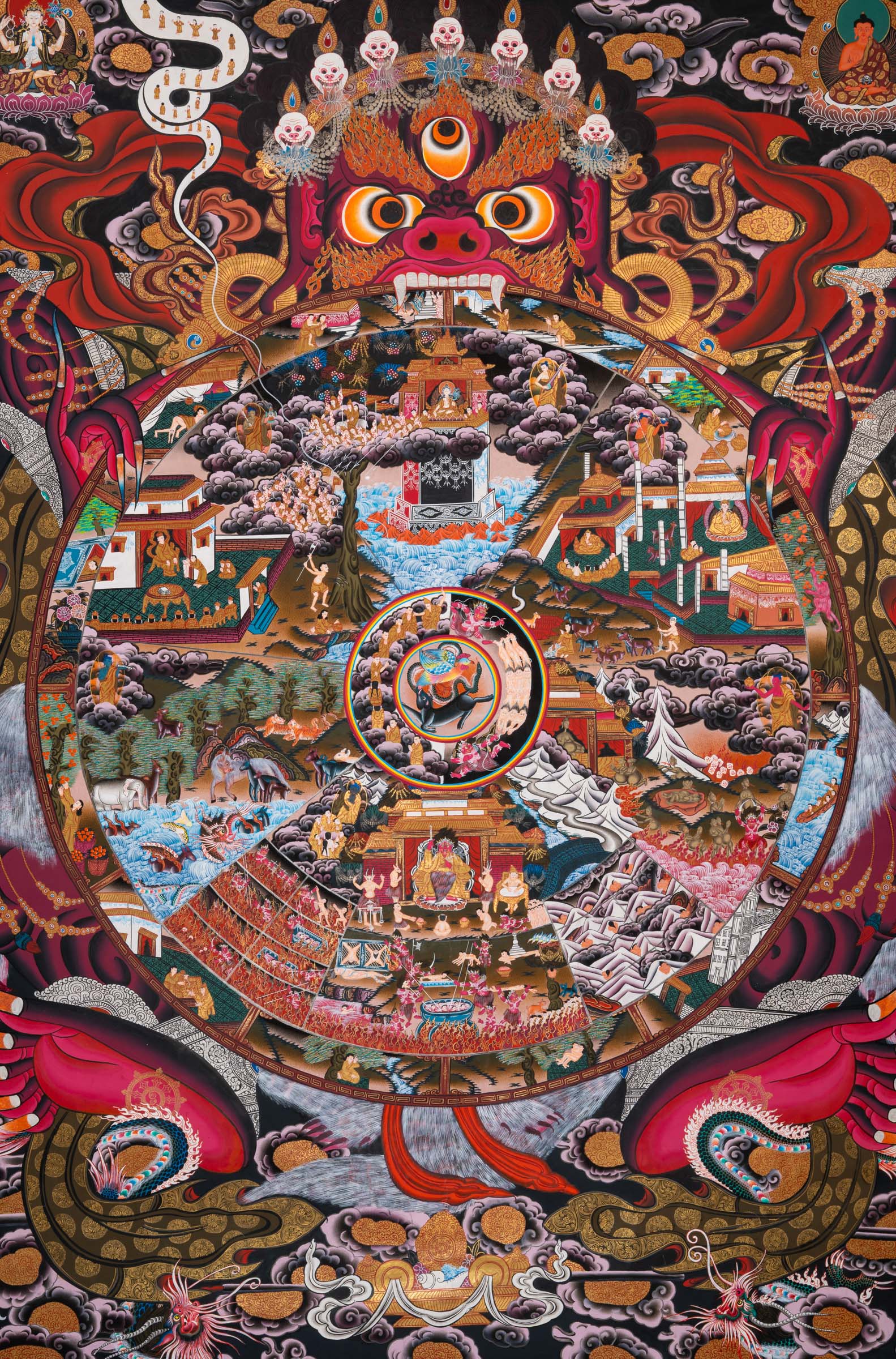 Wheel of Life (Bhavachakra) Thangka painting depicting the Buddhist cycle of existence, held by Yama, illustrating the six realms of rebirth, karma, and impermanence in a traditional Tibetan Buddhist composition.