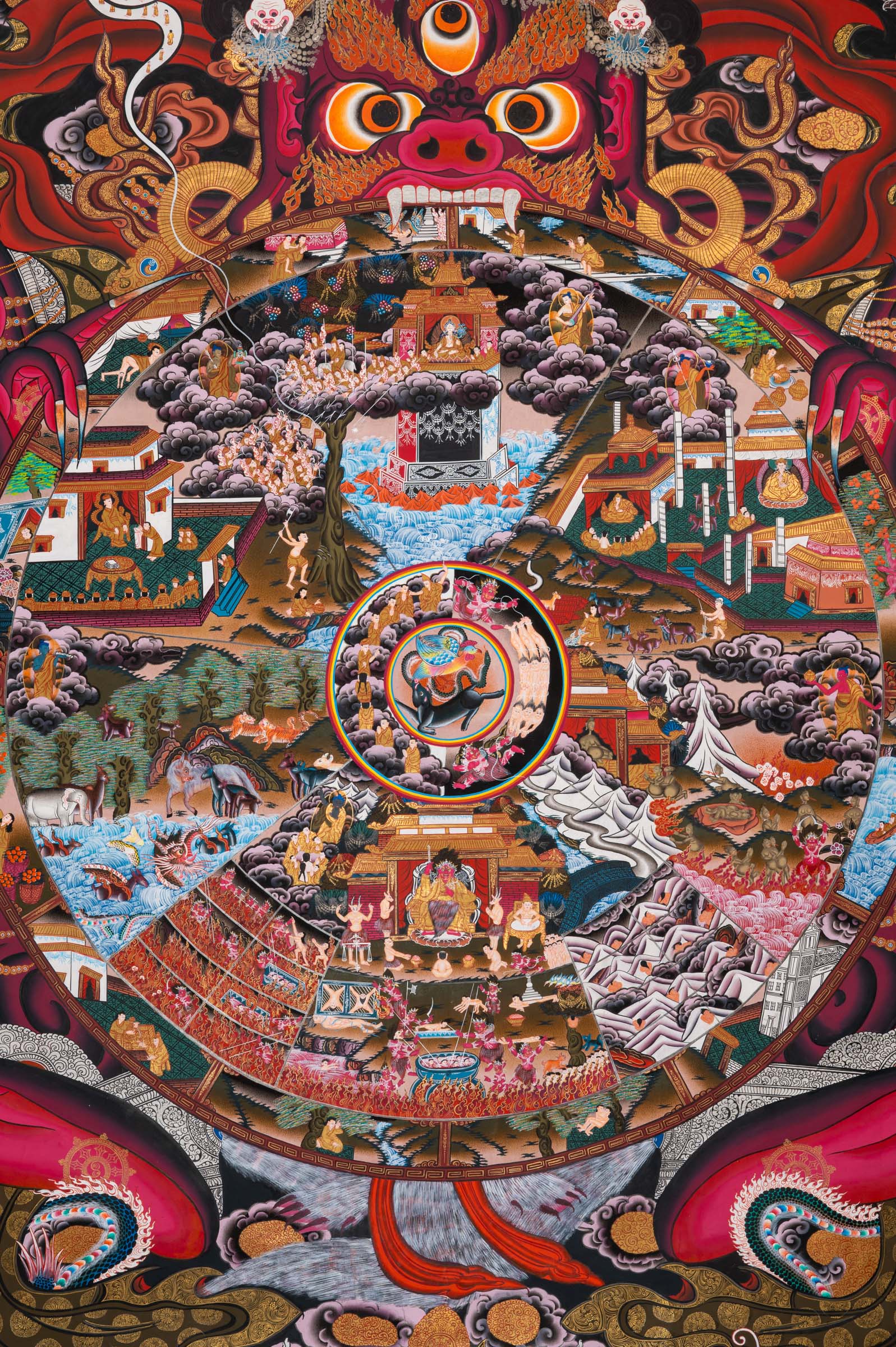 Wheel of Life (Bhavachakra) Thangka painting depicting the Buddhist cycle of existence, held by Yama, illustrating the six realms of rebirth, karma, and impermanence in a traditional Tibetan Buddhist composition.