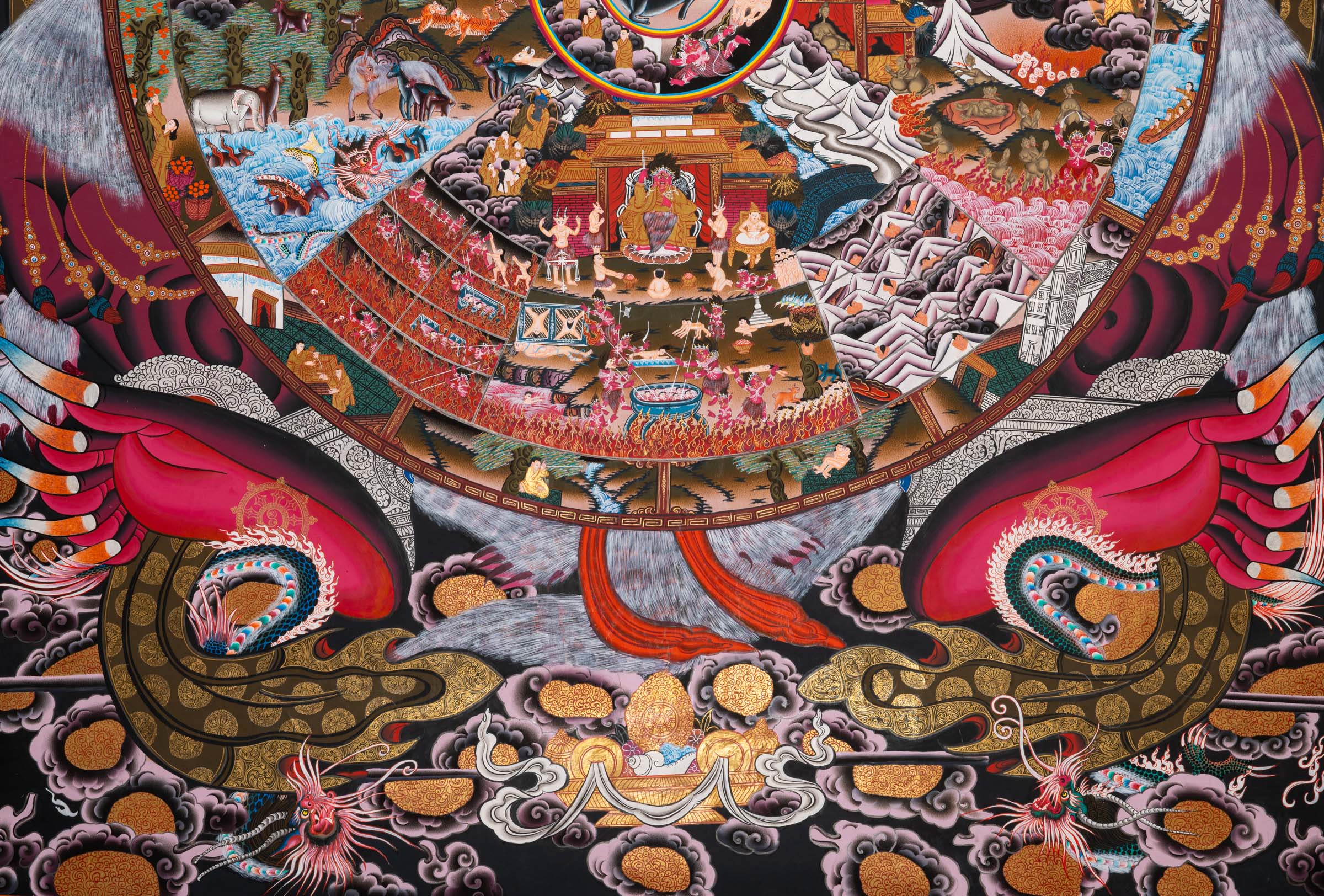 Wheel of Life (Bhavachakra) Thangka painting depicting the Buddhist cycle of existence, held by Yama, illustrating the six realms of rebirth, karma, and impermanence in a traditional Tibetan Buddhist composition.