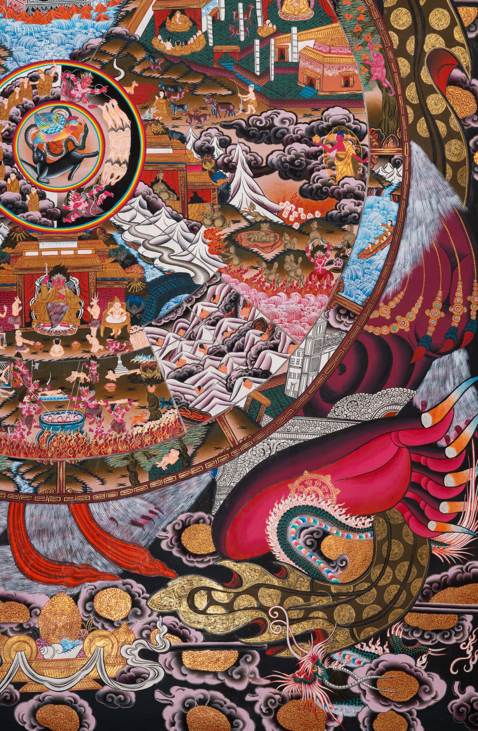 Wheel of Life (Bhavachakra) Thangka painting depicting the Buddhist cycle of existence, held by Yama, illustrating the six realms of rebirth, karma, and impermanence in a traditional Tibetan Buddhist composition.