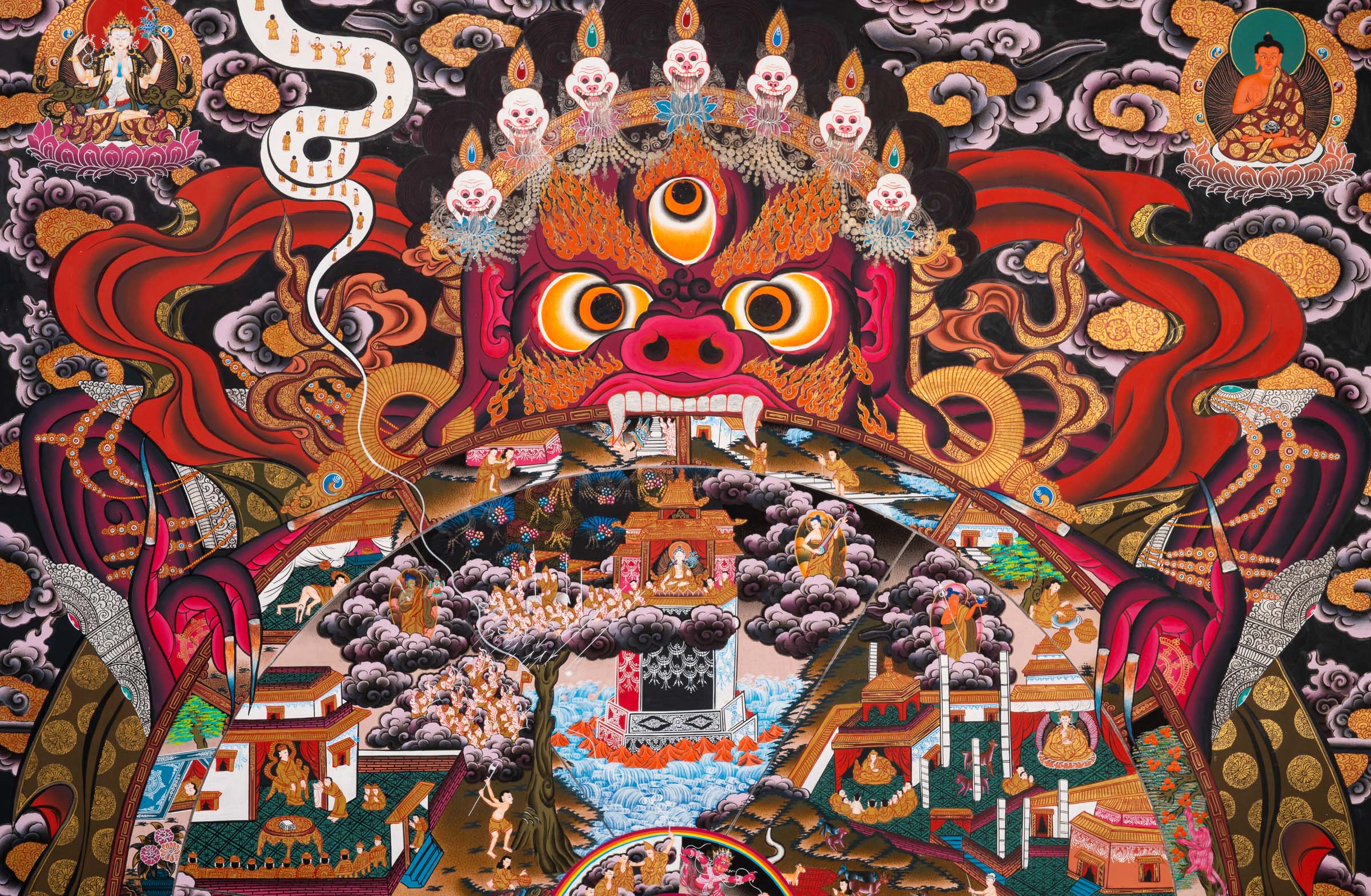 Wheel of Life (Bhavachakra) Thangka painting depicting the Buddhist cycle of existence, held by Yama, illustrating the six realms of rebirth, karma, and impermanence in a traditional Tibetan Buddhist composition.