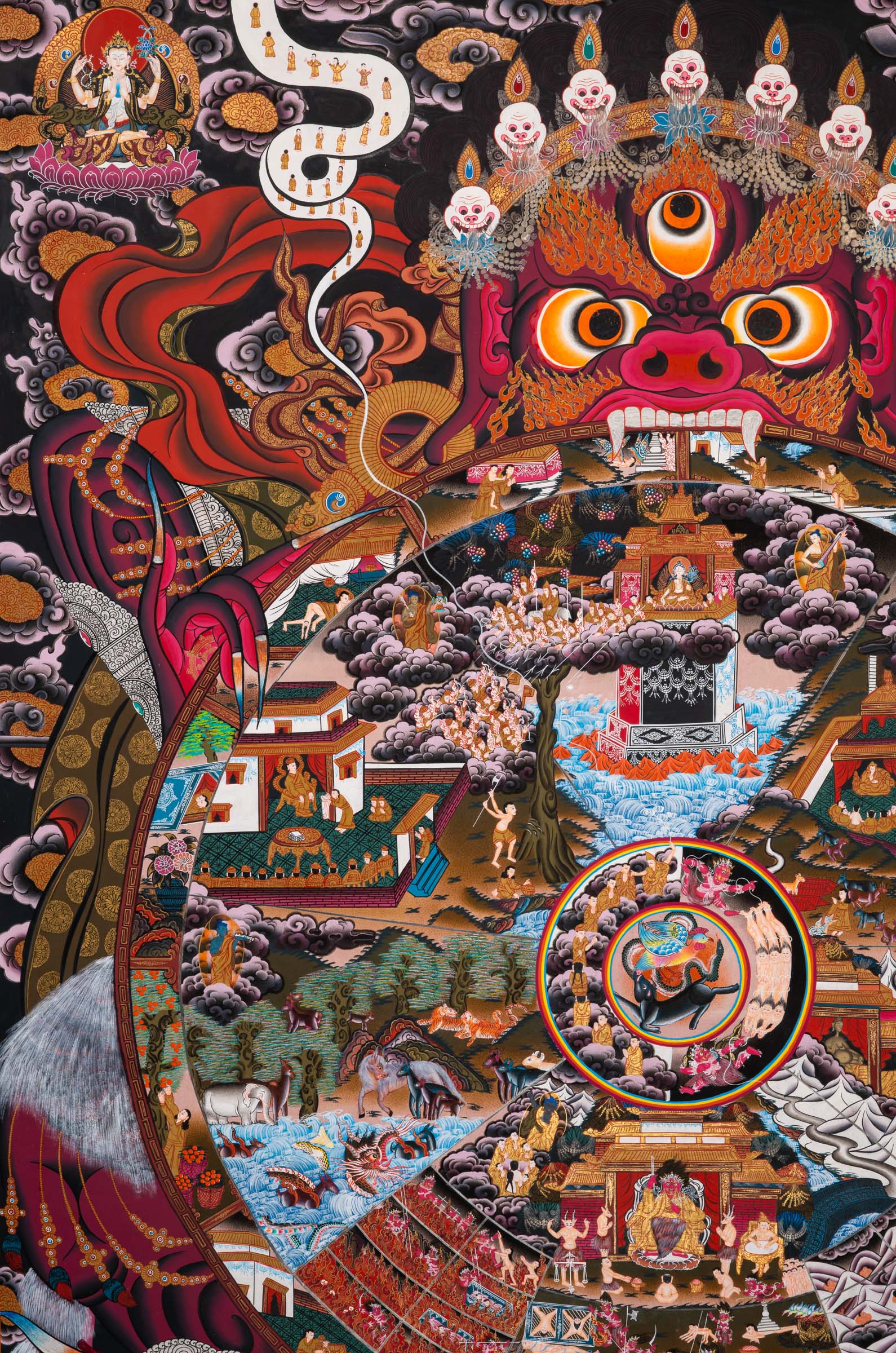 Wheel of Life (Bhavachakra) Thangka painting depicting the Buddhist cycle of existence, held by Yama, illustrating the six realms of rebirth, karma, and impermanence in a traditional Tibetan Buddhist composition.