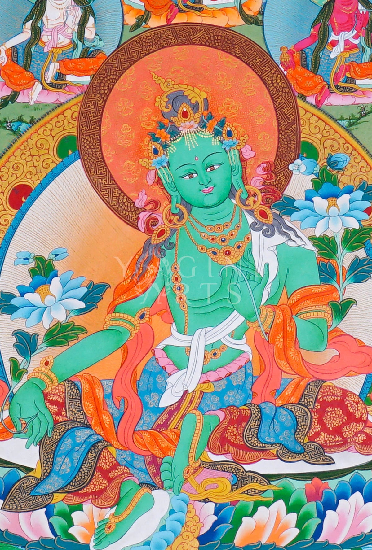 Hand-painted 21 Tara Thangka featuring Green Tara surrounded by the Twenty-One Manifestations of Tara on lotus thrones with Himalayan landscape background.