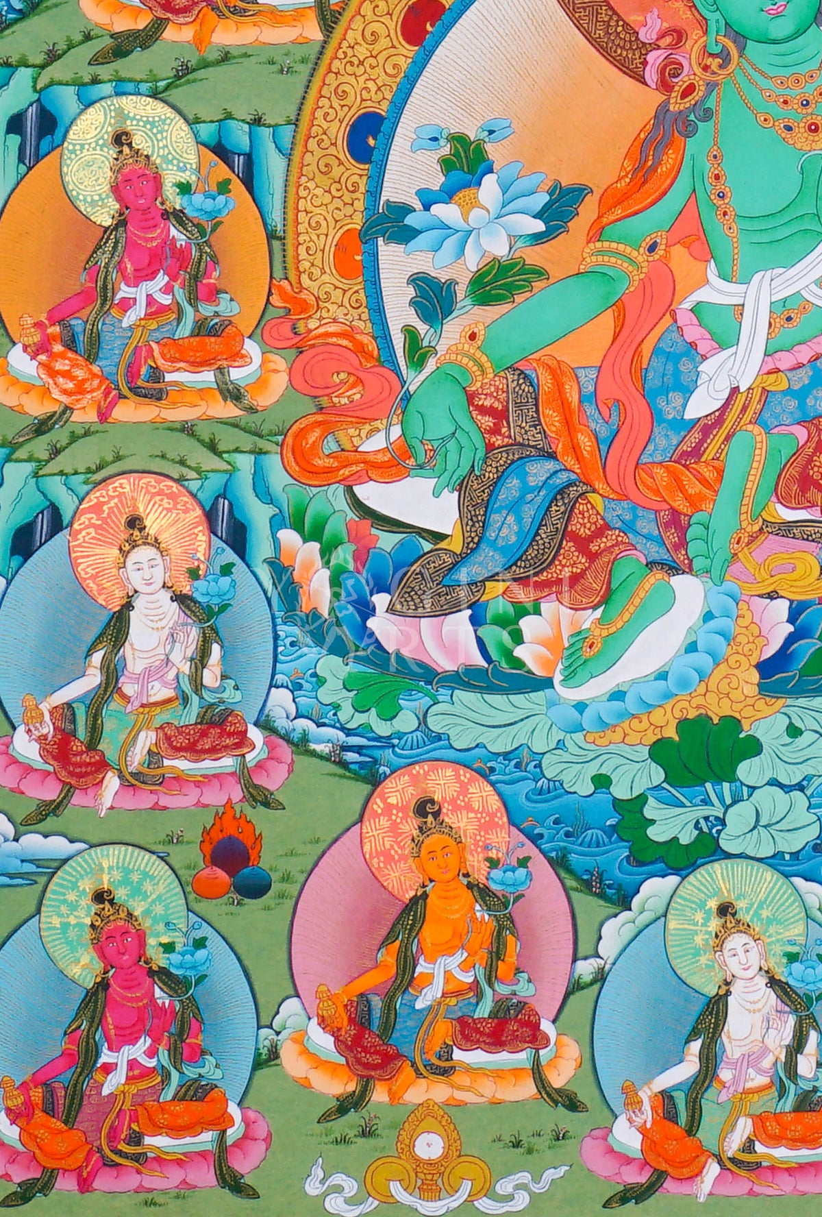 Hand-painted 21 Tara Thangka featuring Green Tara surrounded by the Twenty-One Manifestations of Tara on lotus thrones with Himalayan landscape background.