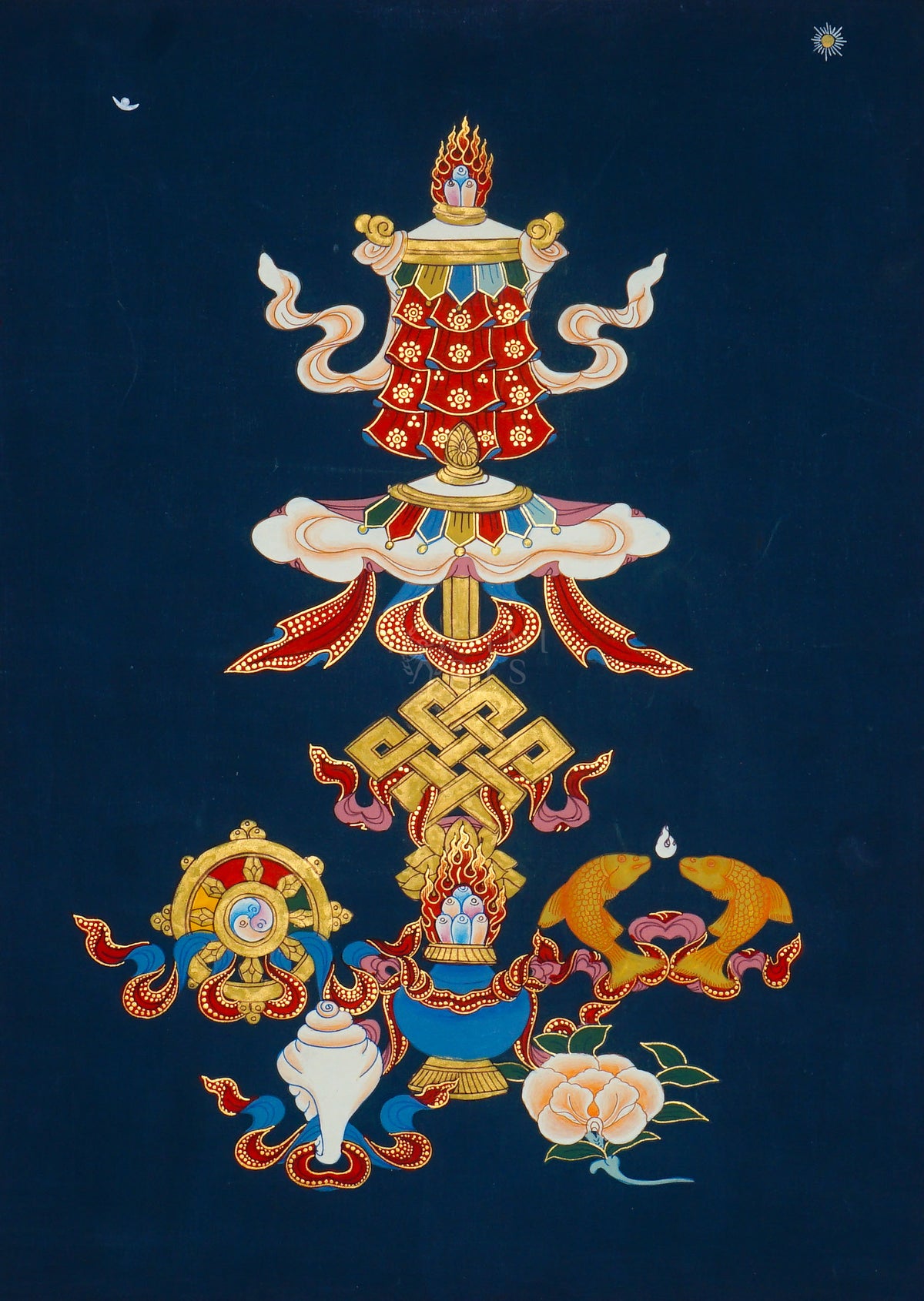 Ashtamangala Thangka painting featuring Eight Auspicious Buddhist Symbols on a deep blue background, 50 x 37 cm