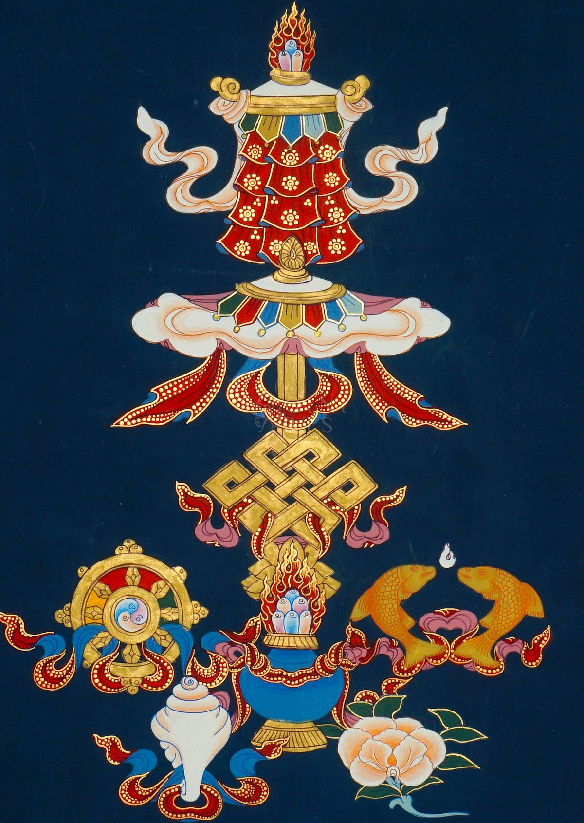 Ashtamangala Thangka painting featuring Eight Auspicious Buddhist Symbols on a deep blue background, 50 x 37 cm