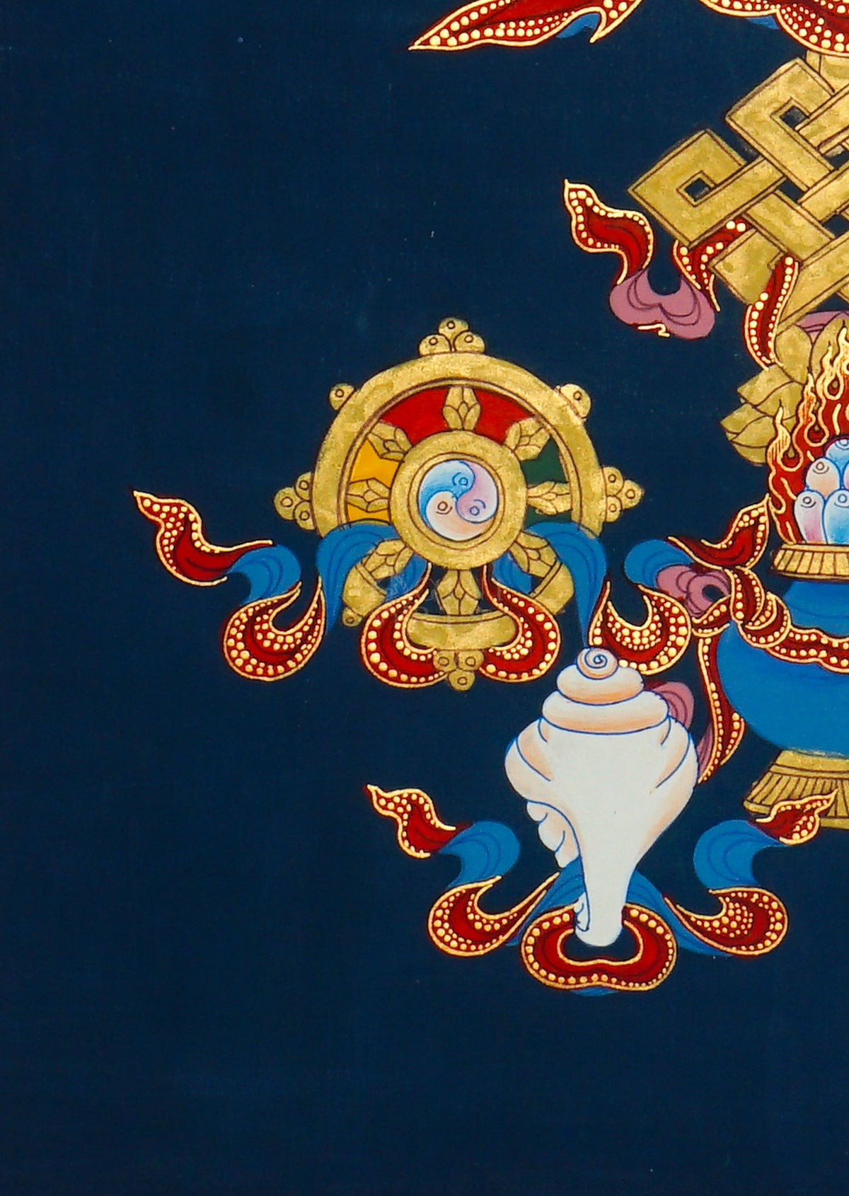 Ashtamangala Thangka painting featuring Eight Auspicious Buddhist Symbols on a deep blue background, 50 x 37 cm