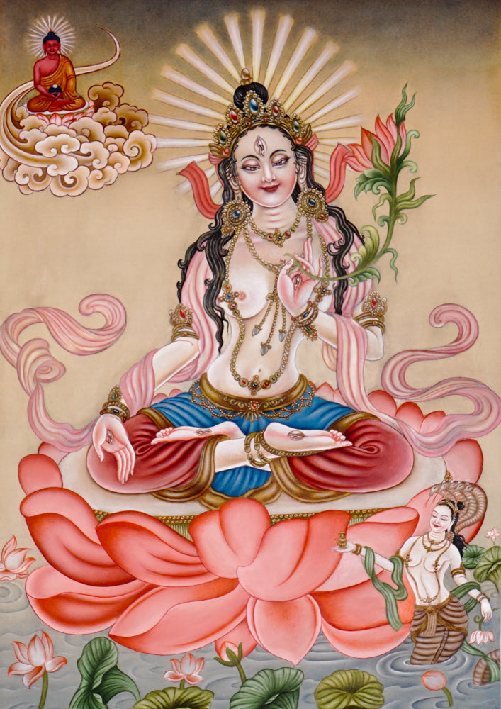 Hand-painted Newari White Tara thangka showing the Buddhist goddess of compassion seated on a lotus throne holding a utpala flower.