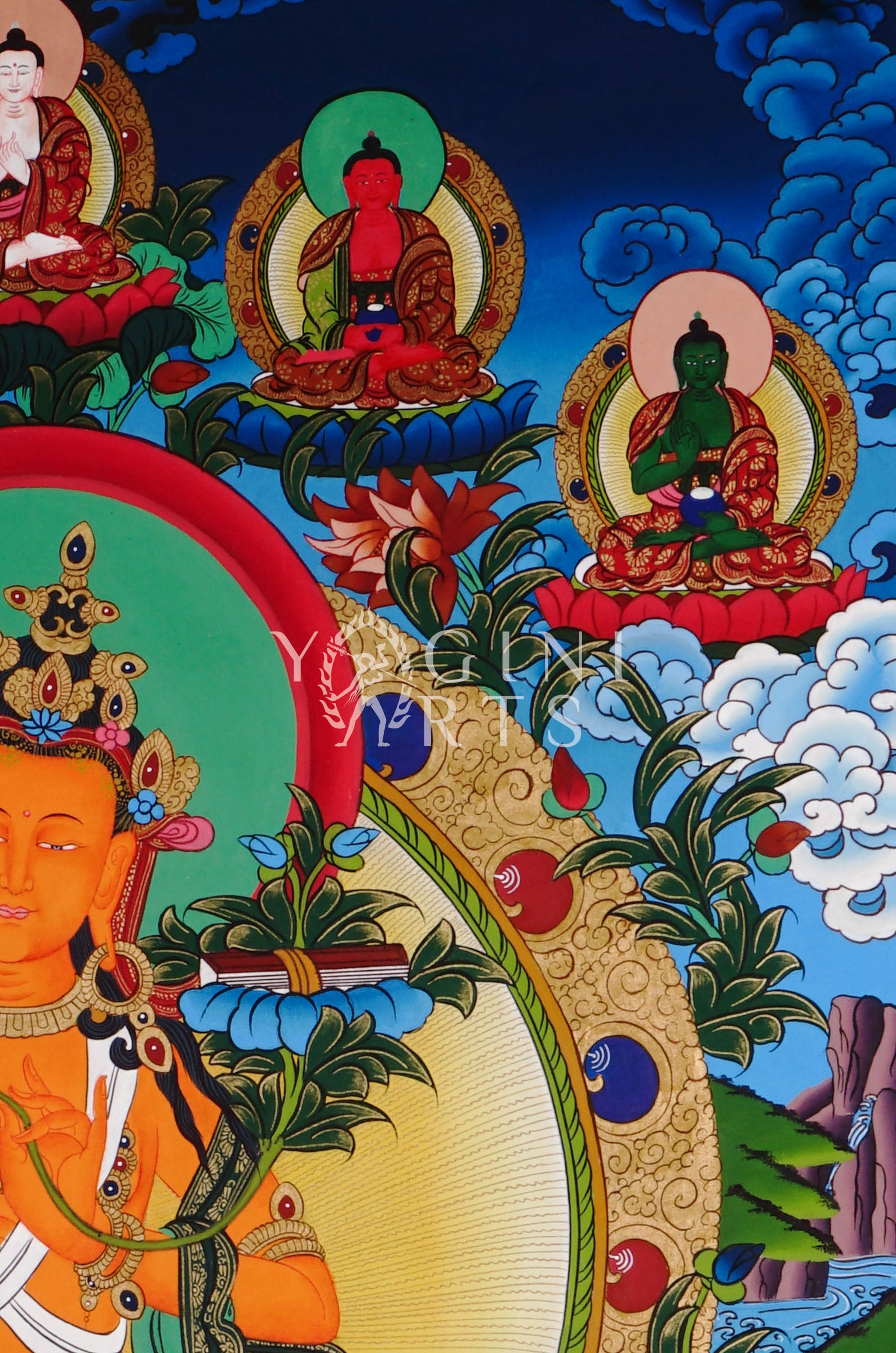 Manjushree thangka featuring the Tibetan Buddhist Bodhisattva of Wisdom holding a flaming sword and sacred scripture in traditional Himalayan style.