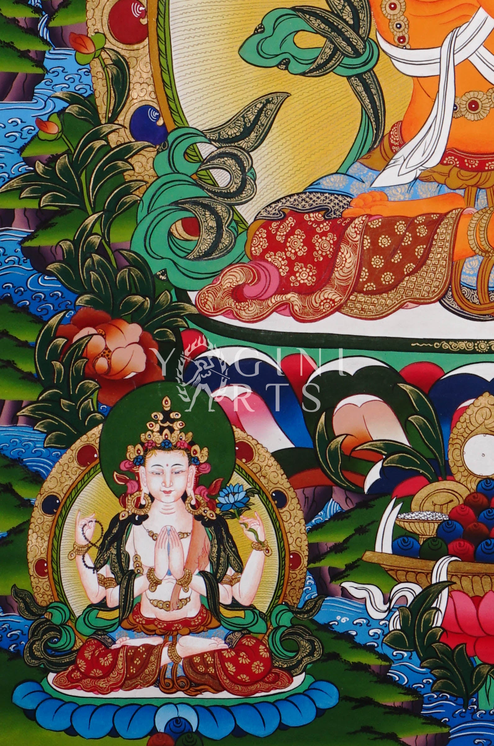 Manjushree thangka featuring the Tibetan Buddhist Bodhisattva of Wisdom holding a flaming sword and sacred scripture in traditional Himalayan style.