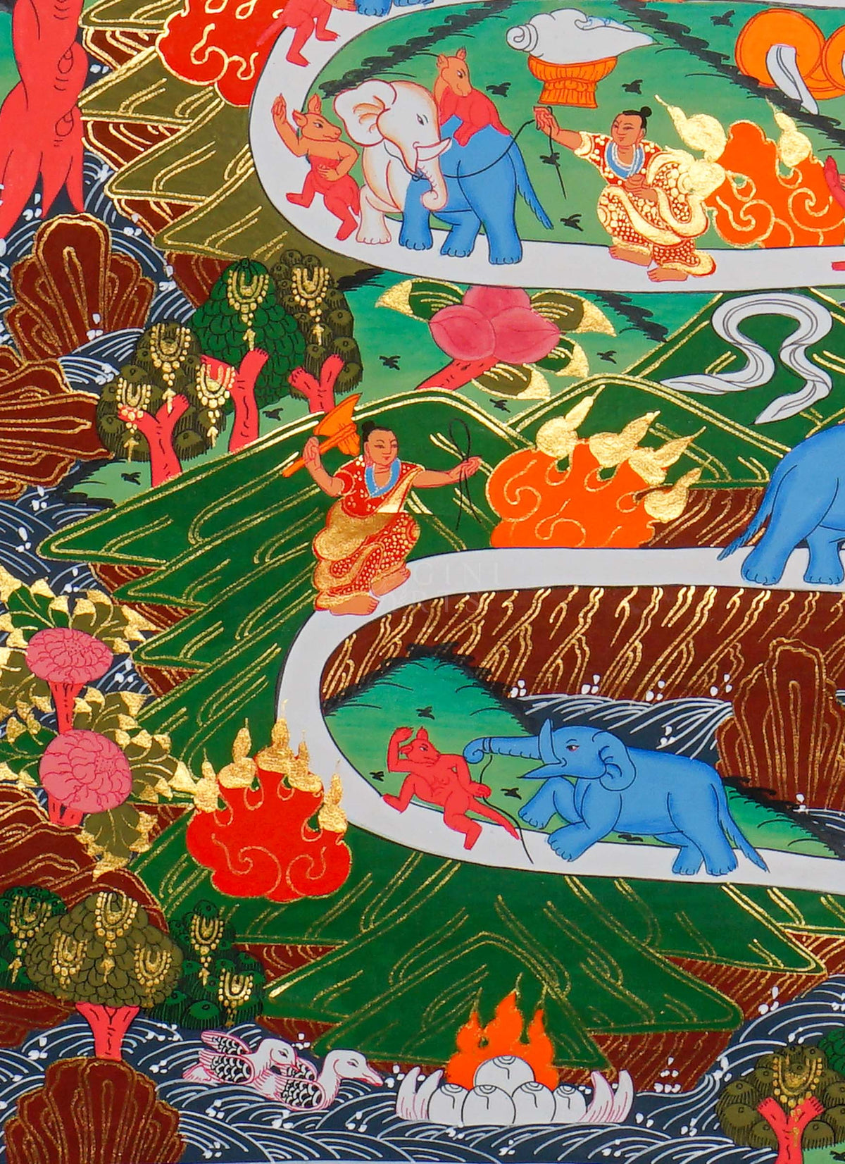 Way to Heaven Thangka painting featuring elephants, celestial figures, and a winding white path through a colorful Himalayan landscape, 60 x 45 cm
