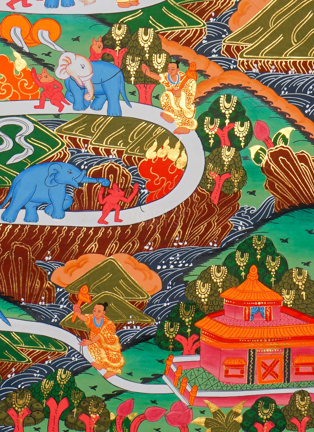 Way to Heaven Thangka painting featuring elephants, celestial figures, and a winding white path through a colorful Himalayan landscape, 60 x 45 cm
