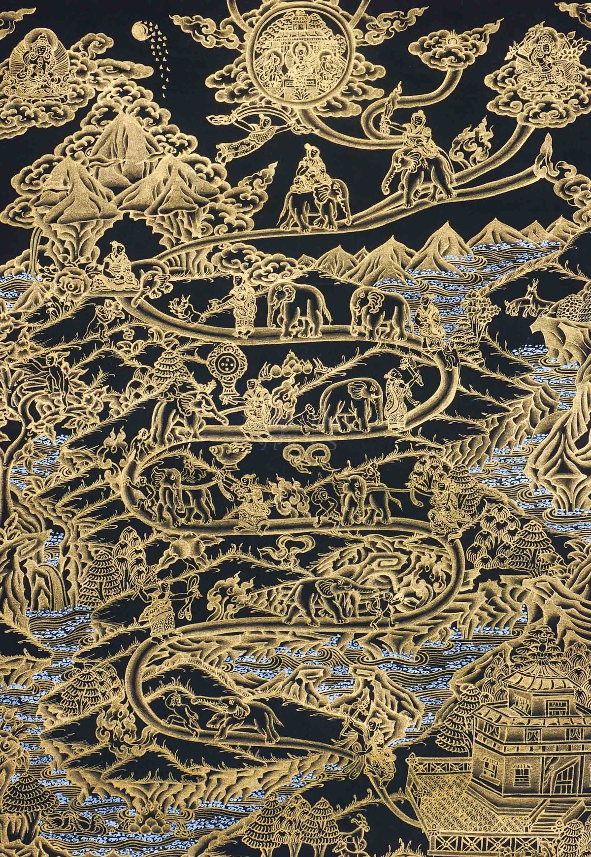 Black and gold Way to Heaven Thangka painting featuring winding pathways, elephants, mountains, rivers, celestial figures, and Himalayan landscapes, 60 x 40 cm