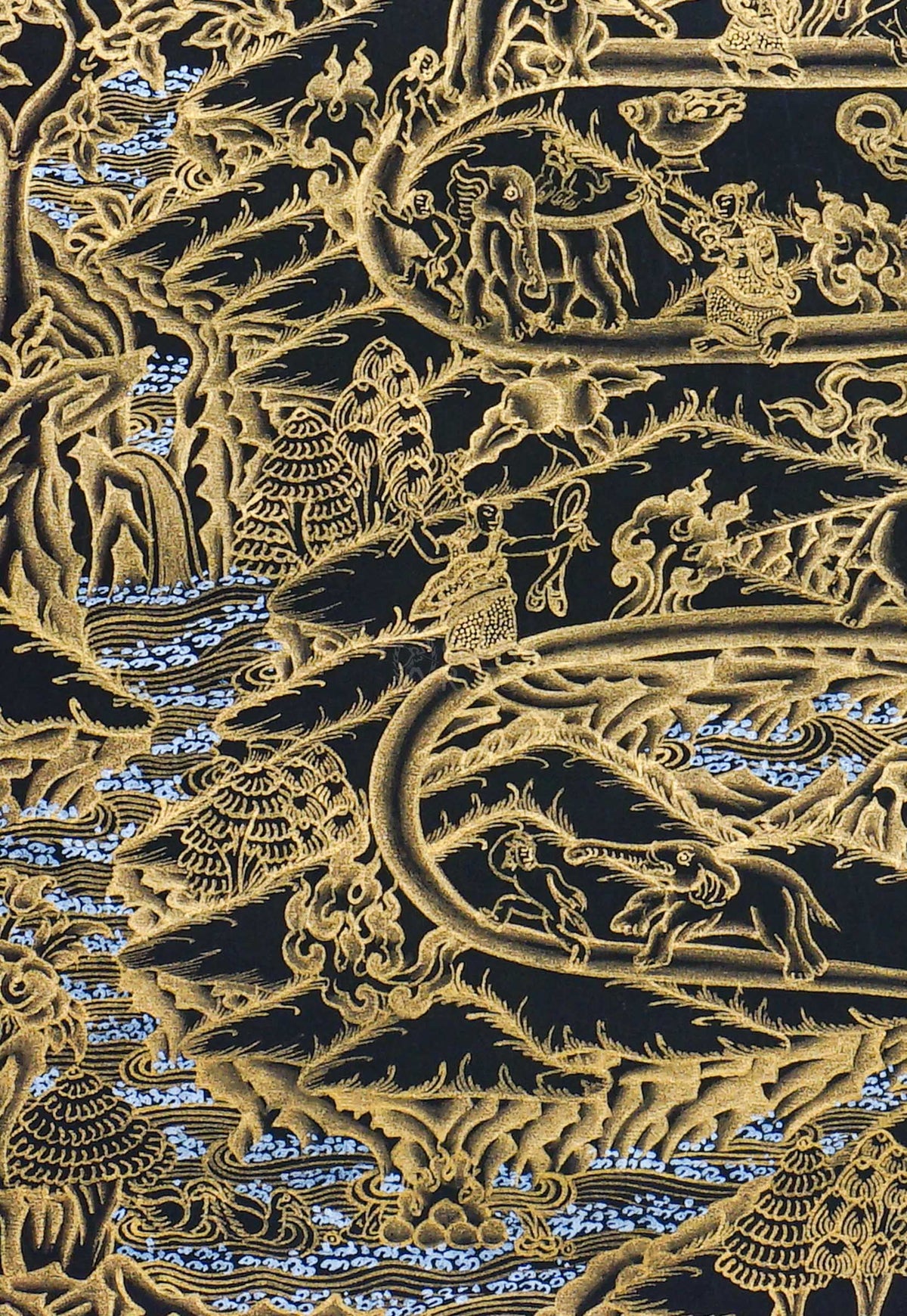 Black and gold Way to Heaven Thangka painting featuring winding pathways, elephants, mountains, rivers, celestial figures, and Himalayan landscapes, 60 x 40 cm