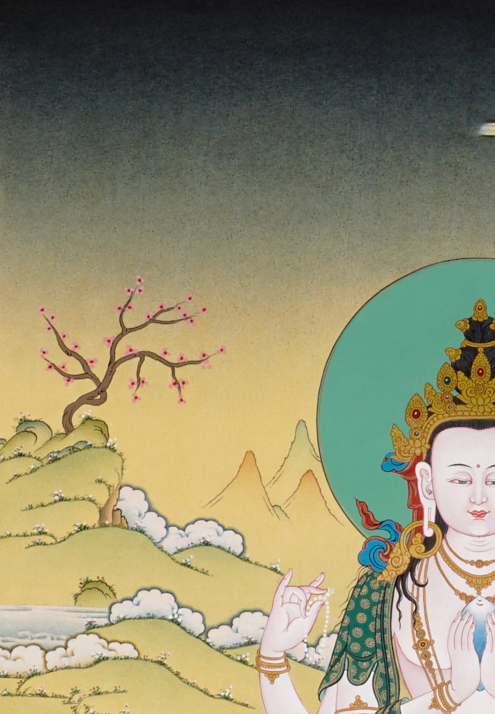 Hand-painted Chenrezig thangka showing Avalokiteshvara with four arms seated on a lotus throne holding a jewel, mala, and lotus.