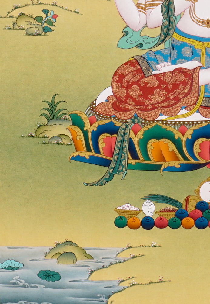 Hand-painted Chenrezig thangka showing Avalokiteshvara with four arms seated on a lotus throne holding a jewel, mala, and lotus.