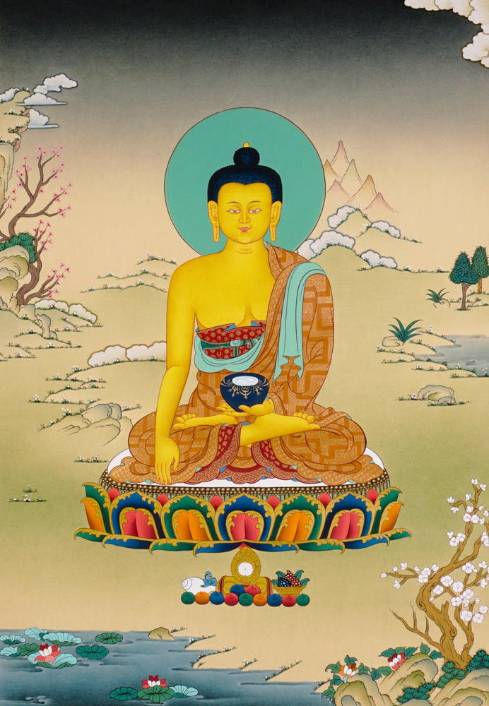 Hand-painted Shakyamuni Buddha thangka showing the historical Buddha seated on a lotus throne performing the earth-touching mudra.