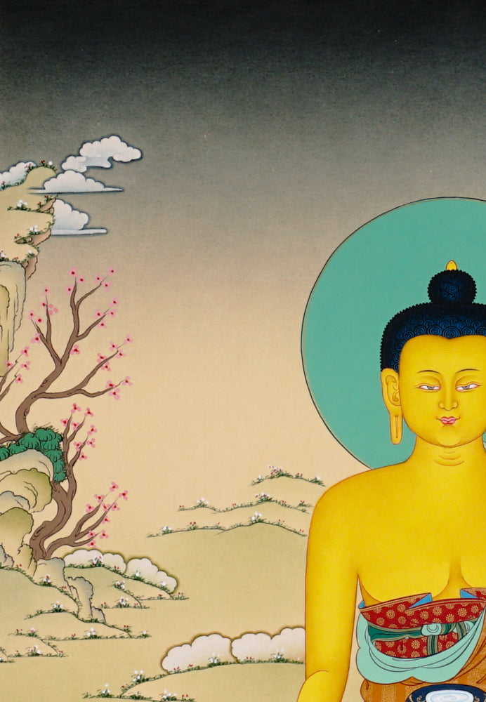 Hand-painted Shakyamuni Buddha thangka showing the historical Buddha seated on a lotus throne performing the earth-touching mudra.