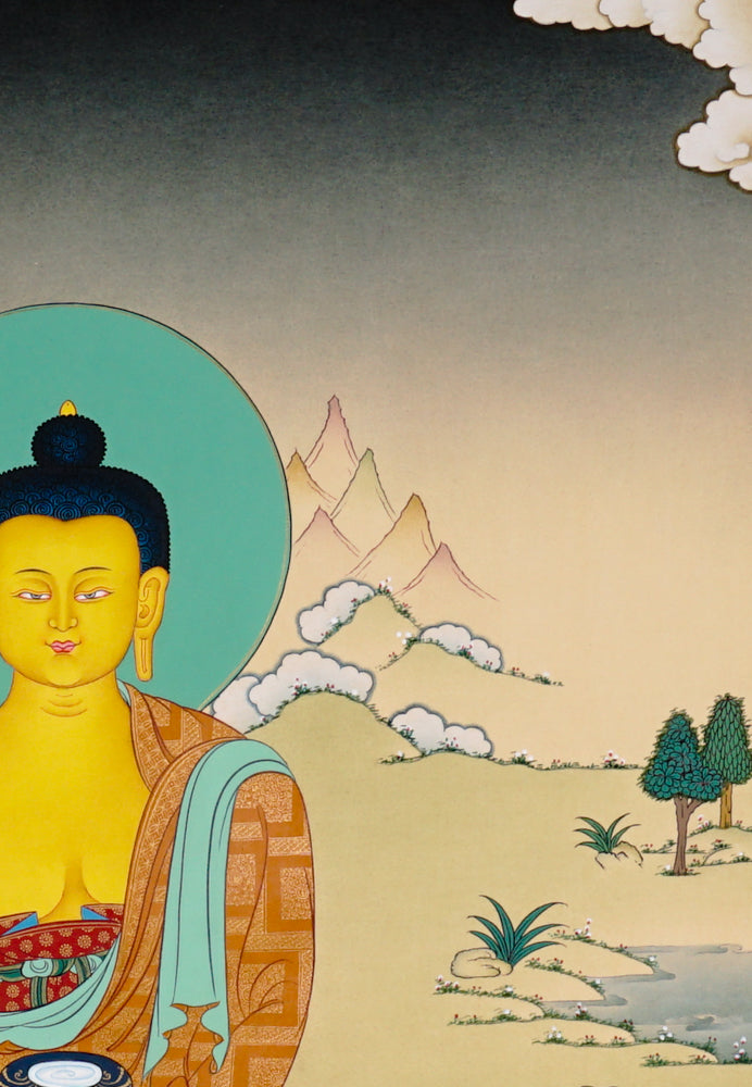 Hand-painted Shakyamuni Buddha thangka showing the historical Buddha seated on a lotus throne performing the earth-touching mudra.