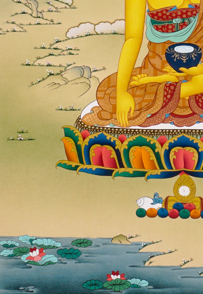 Hand-painted Shakyamuni Buddha thangka showing the historical Buddha seated on a lotus throne performing the earth-touching mudra.