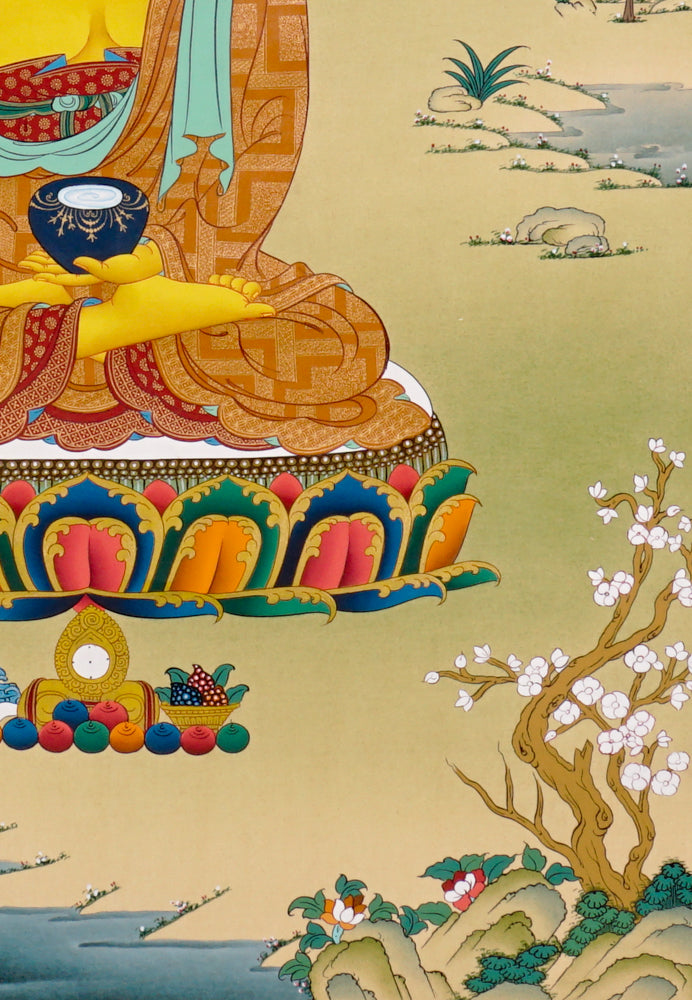 Hand-painted Shakyamuni Buddha thangka showing the historical Buddha seated on a lotus throne performing the earth-touching mudra.