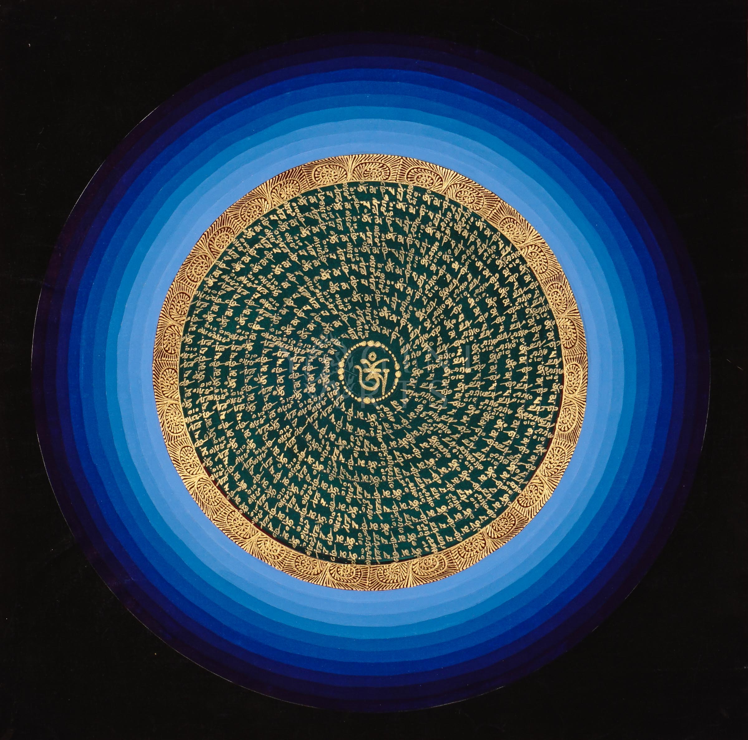 Hand-painted Tibetan OM mandala thangka featuring sacred gold mantra calligraphy surrounded by concentric blue cosmic rings on a black background.