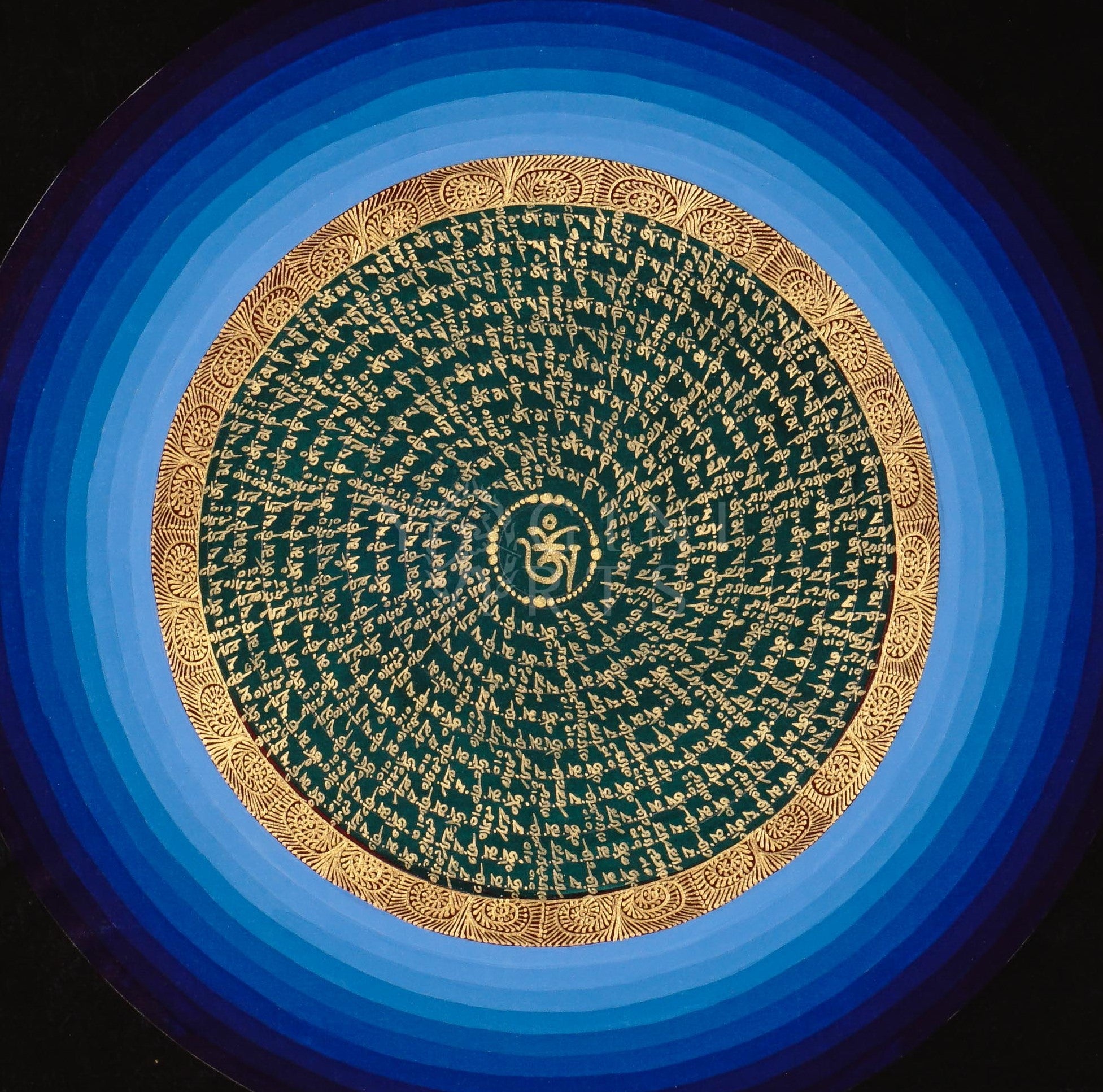 Hand-painted Tibetan OM mandala thangka featuring sacred gold mantra calligraphy surrounded by concentric blue cosmic rings on a black background.