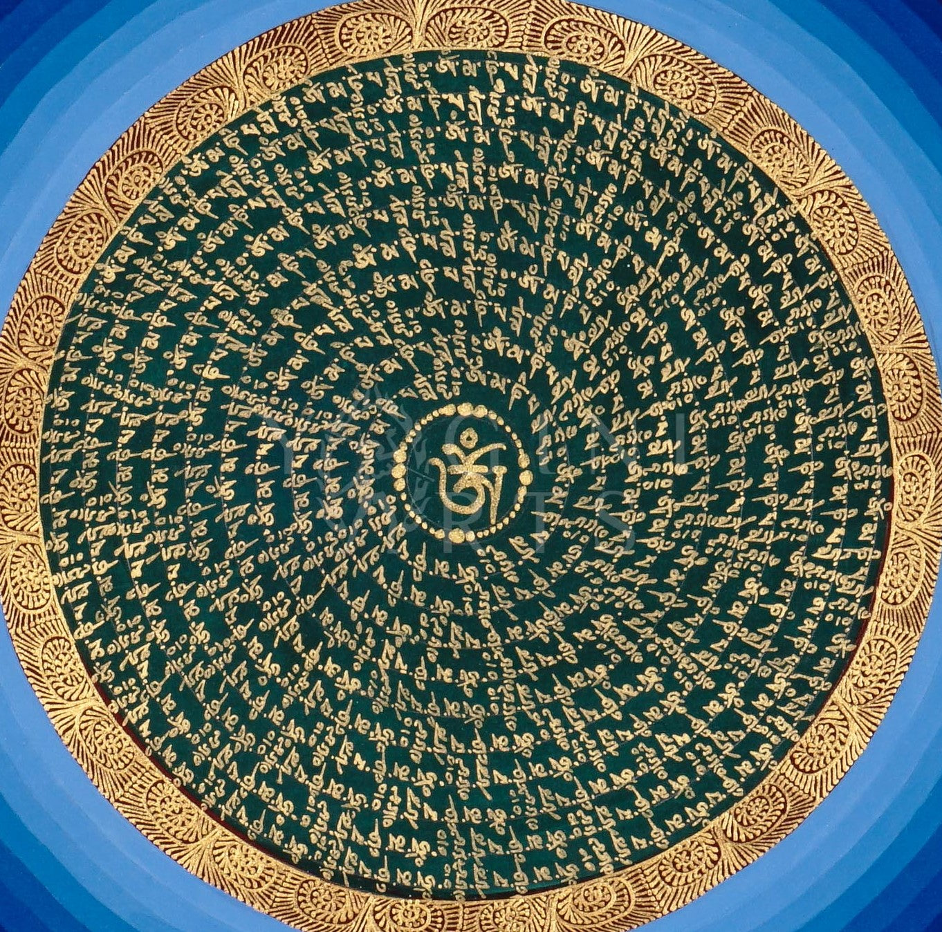 Hand-painted Tibetan OM mandala thangka featuring sacred gold mantra calligraphy surrounded by concentric blue cosmic rings on a black background.