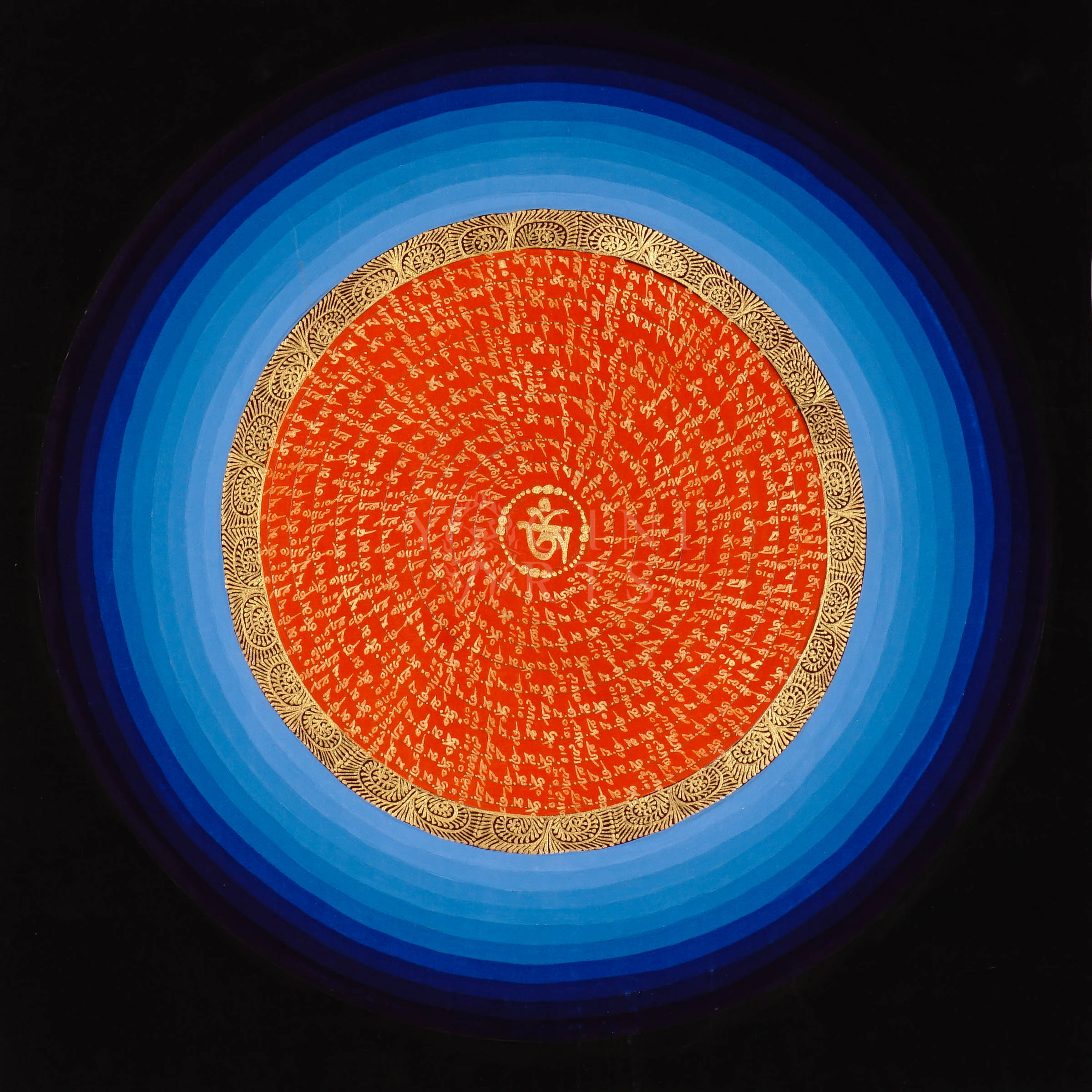 Hand-painted Tibetan Red OM Mandala thangka featuring sacred gold Tibetan mantra calligraphy surrounded by concentric blue cosmic rings on a black background.