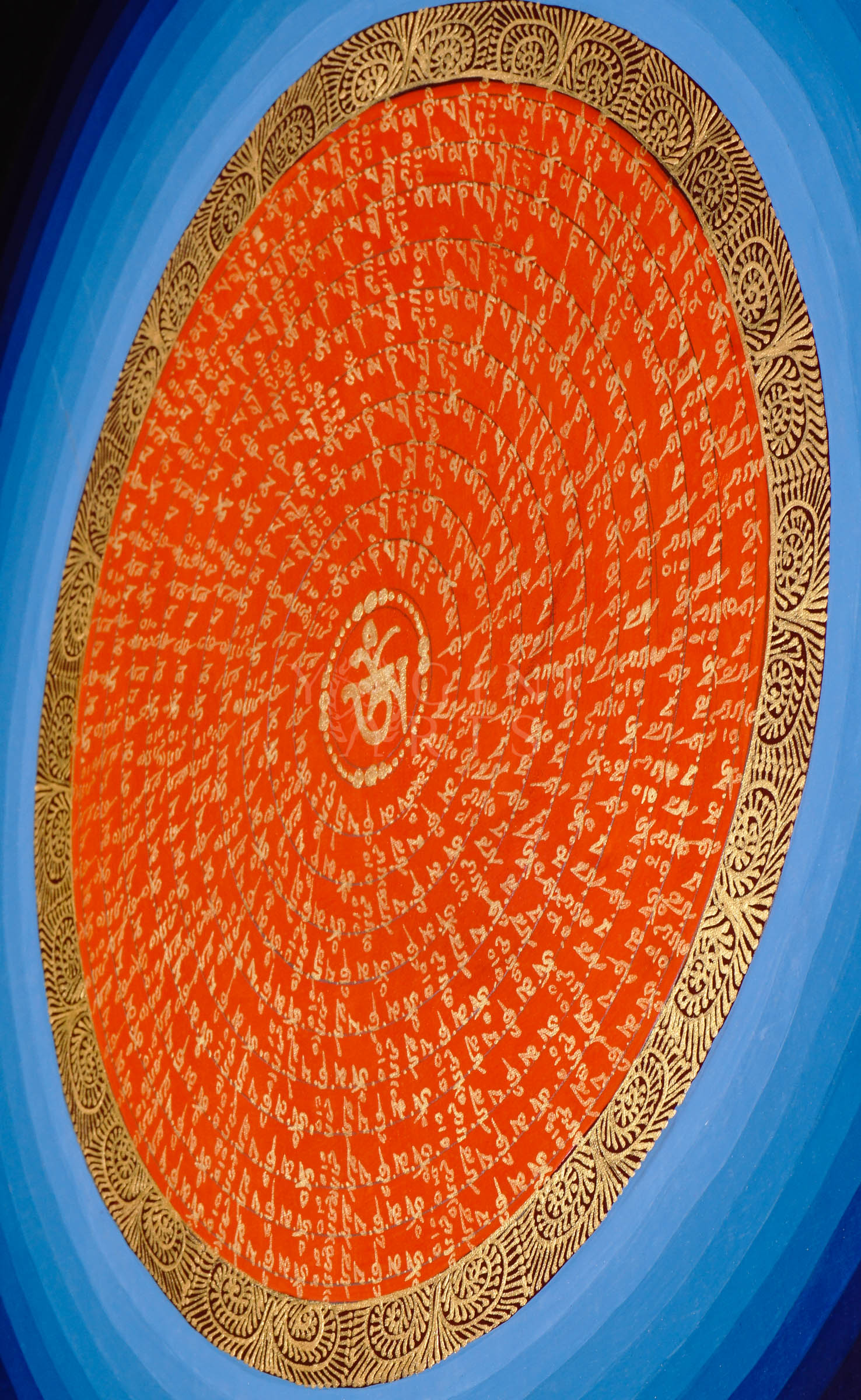 Hand-painted Tibetan Red OM Mandala thangka featuring sacred gold Tibetan mantra calligraphy surrounded by concentric blue cosmic rings on a black background.