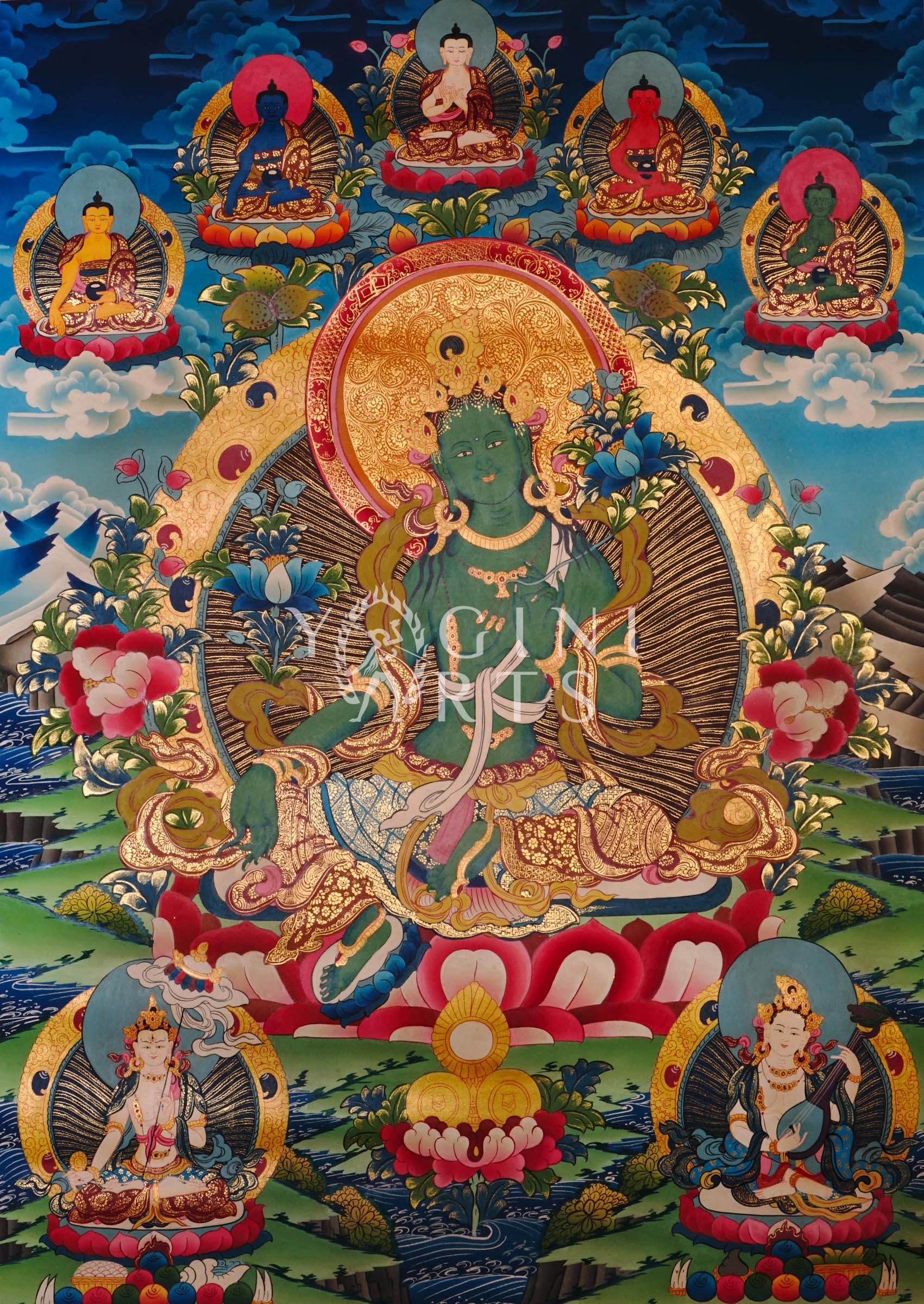 Green Tara thangka featuring the  Buddhist goddess of compassion seated on a lotus throne surrounded by vibrant sacred symbolism and gold detailing