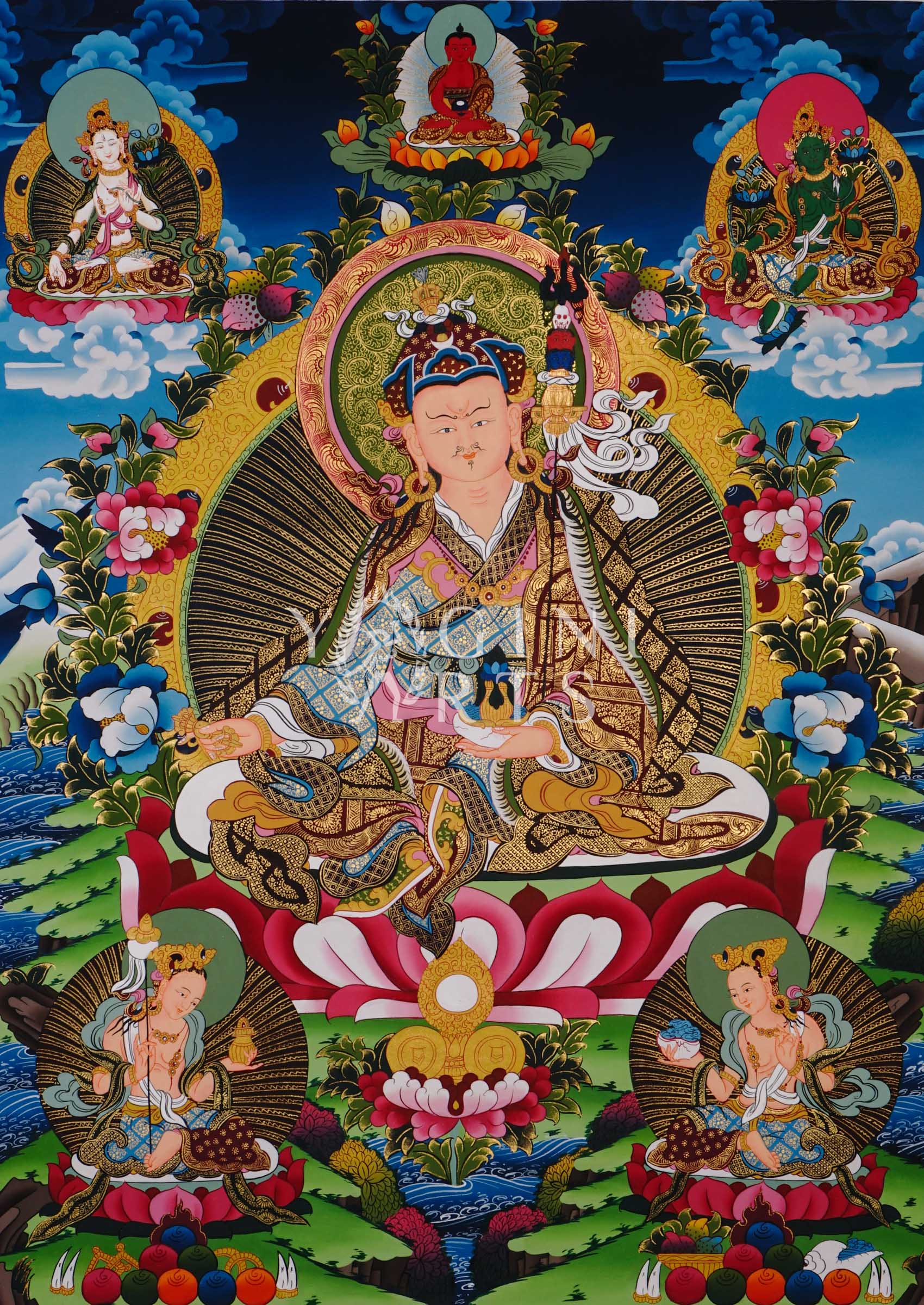 Guru Rinpoche thangka featuring Padmasambhava seated on a lotus throne with sacred tantric symbols and intricate Tibetan gold detailing