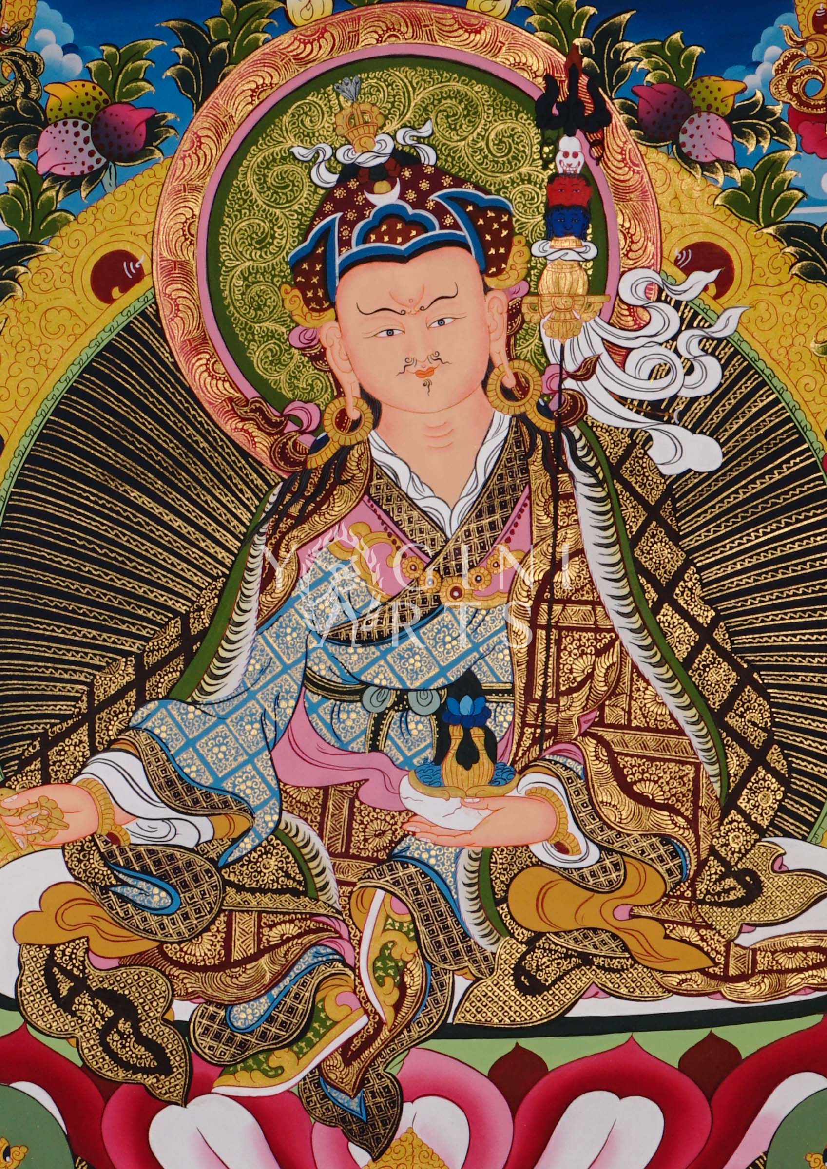 Guru Rinpoche thangka featuring Padmasambhava seated on a lotus throne with sacred tantric symbols and intricate Tibetan gold detailing