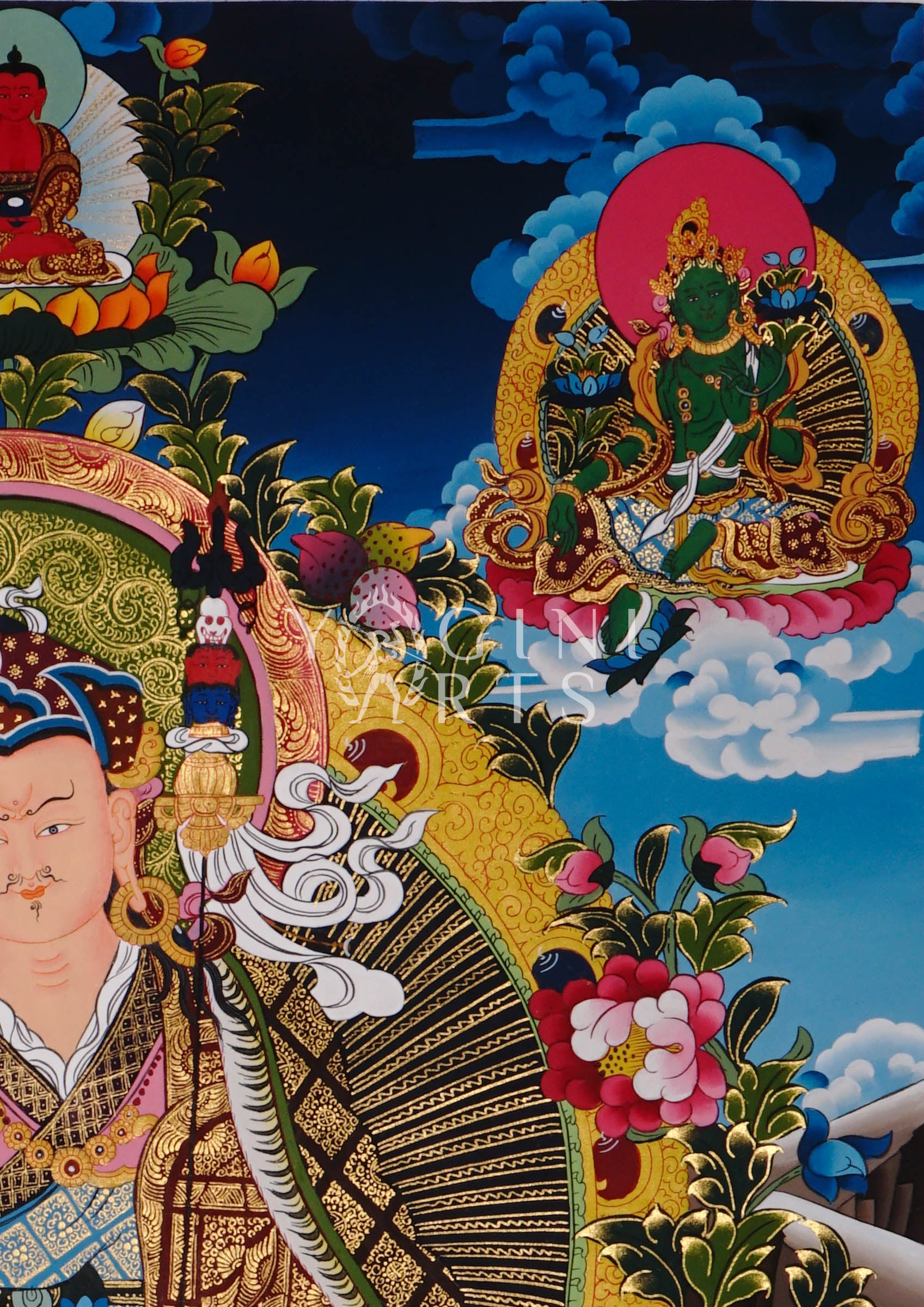 Guru Rinpoche thangka featuring Padmasambhava seated on a lotus throne with sacred tantric symbols and intricate Tibetan gold detailing