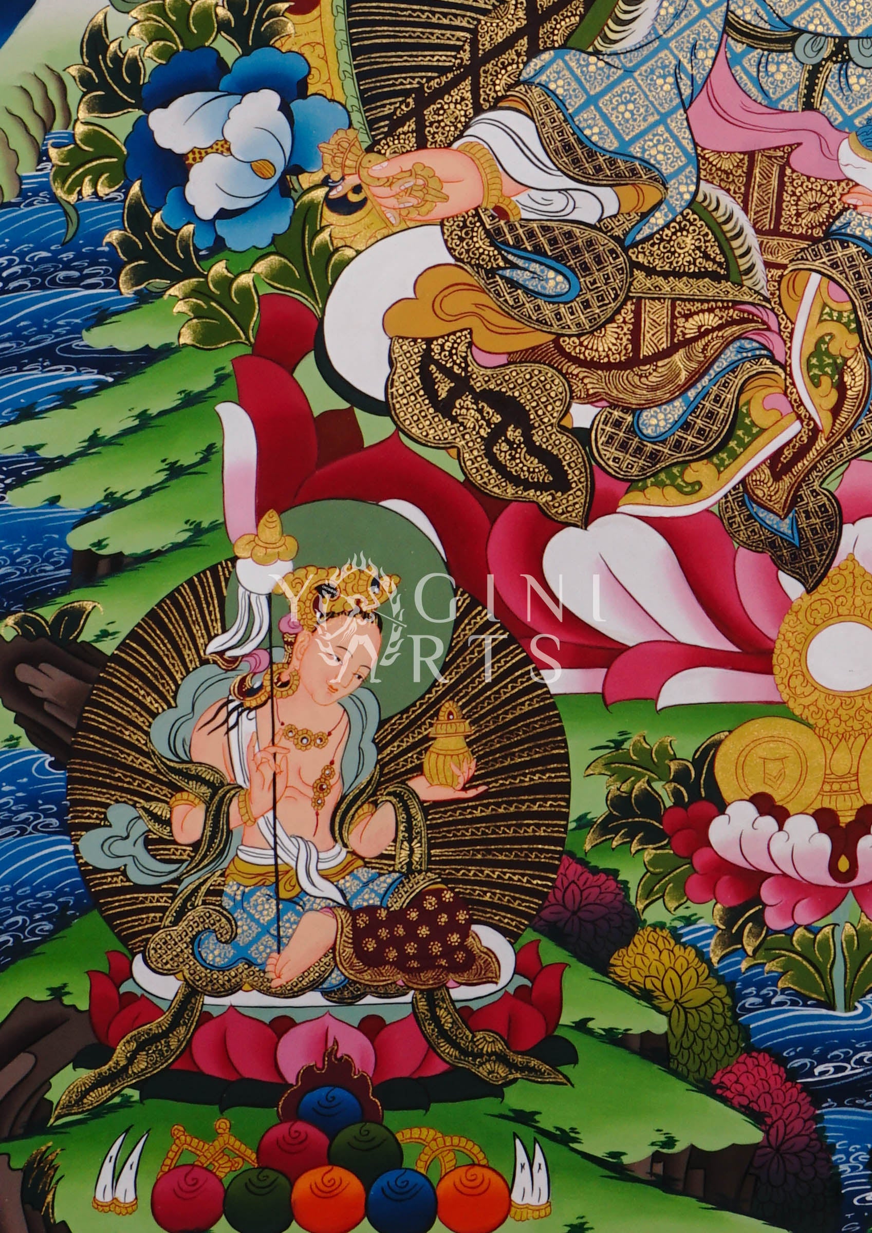 Guru Rinpoche thangka featuring Padmasambhava seated on a lotus throne with sacred tantric symbols and intricate Tibetan gold detailing
