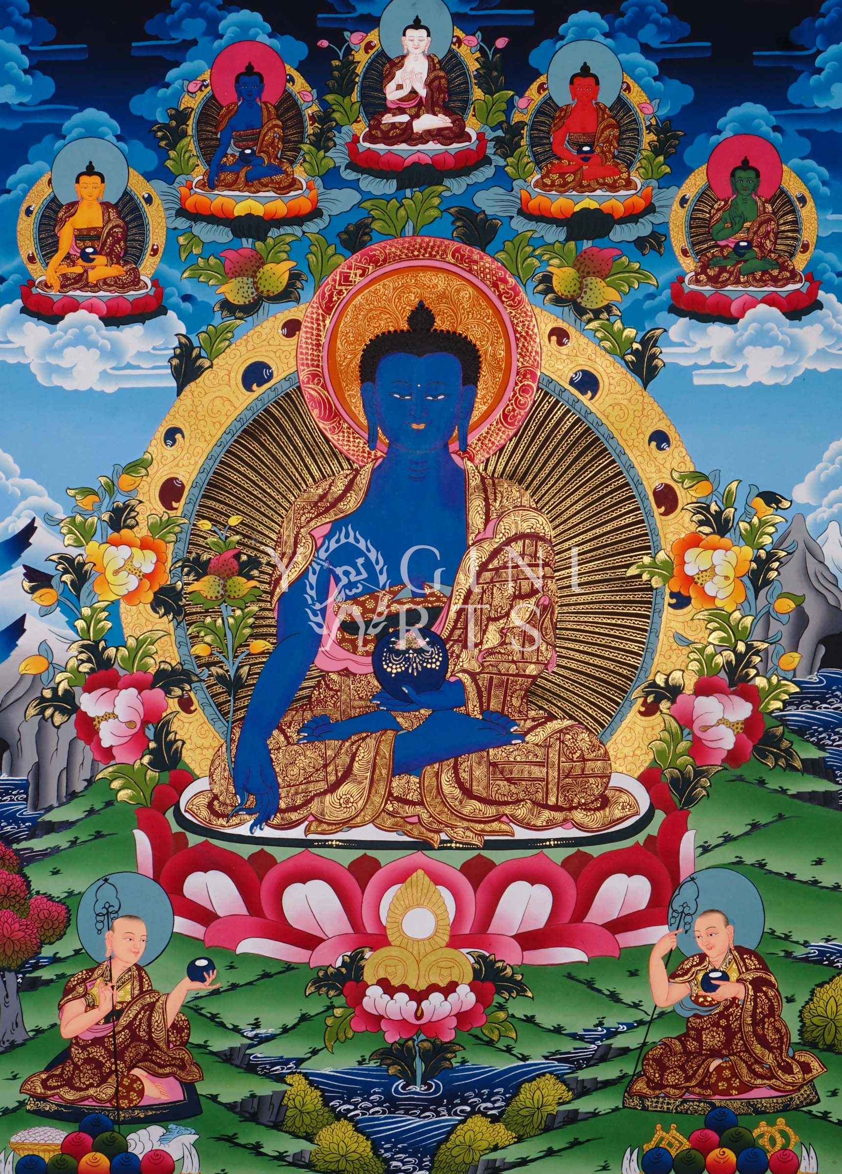 Hand-painted Medicine Buddha thangka featuring the Tibetan Buddha of Healing seated on a lotus throne with sacred gold detailing and vibrant Himalayan symbolism