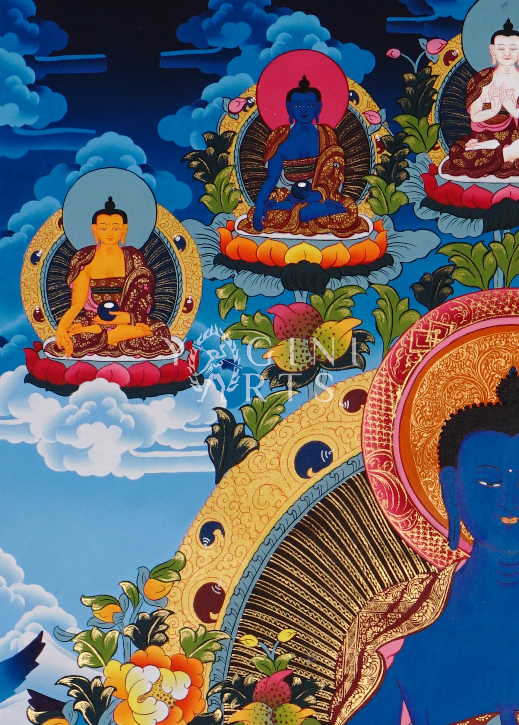 Hand-painted Medicine Buddha thangka featuring the Tibetan Buddha of Healing seated on a lotus throne with sacred gold detailing and vibrant Himalayan symbolism
